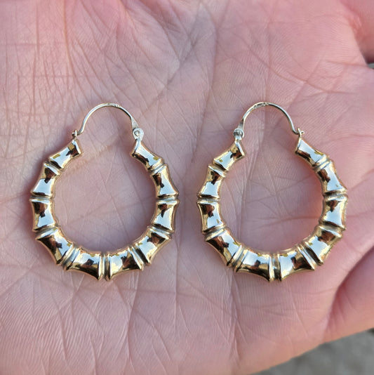 Vintage 1990 English Hallmarked Solid 9ct 9k Gold Large Bamboo Hoop Earrings Hoops