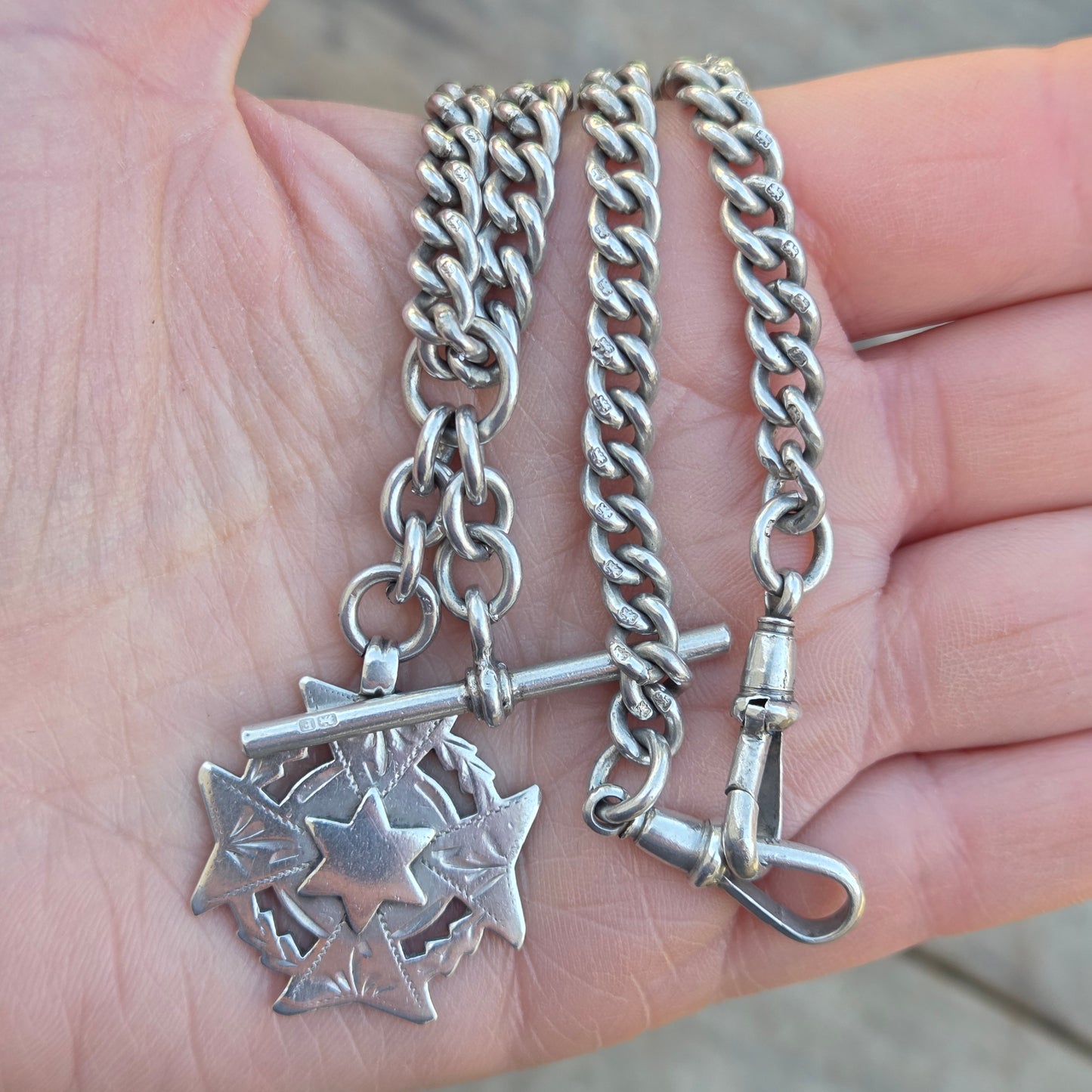 Antique 1889 Hallmarked Solid Sterling Silver Double Albert Curb Chain Star Fob 14.25'' 46g