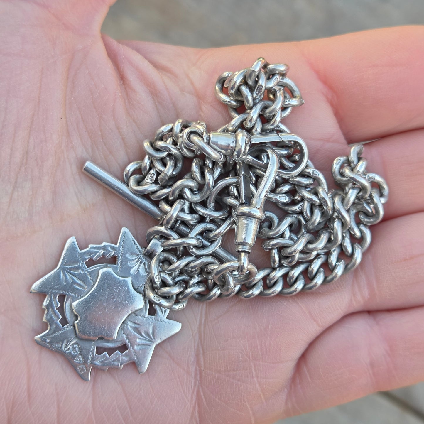Antique 1889 Hallmarked Solid Sterling Silver Double Albert Curb Chain Star Fob 14.25'' 46g