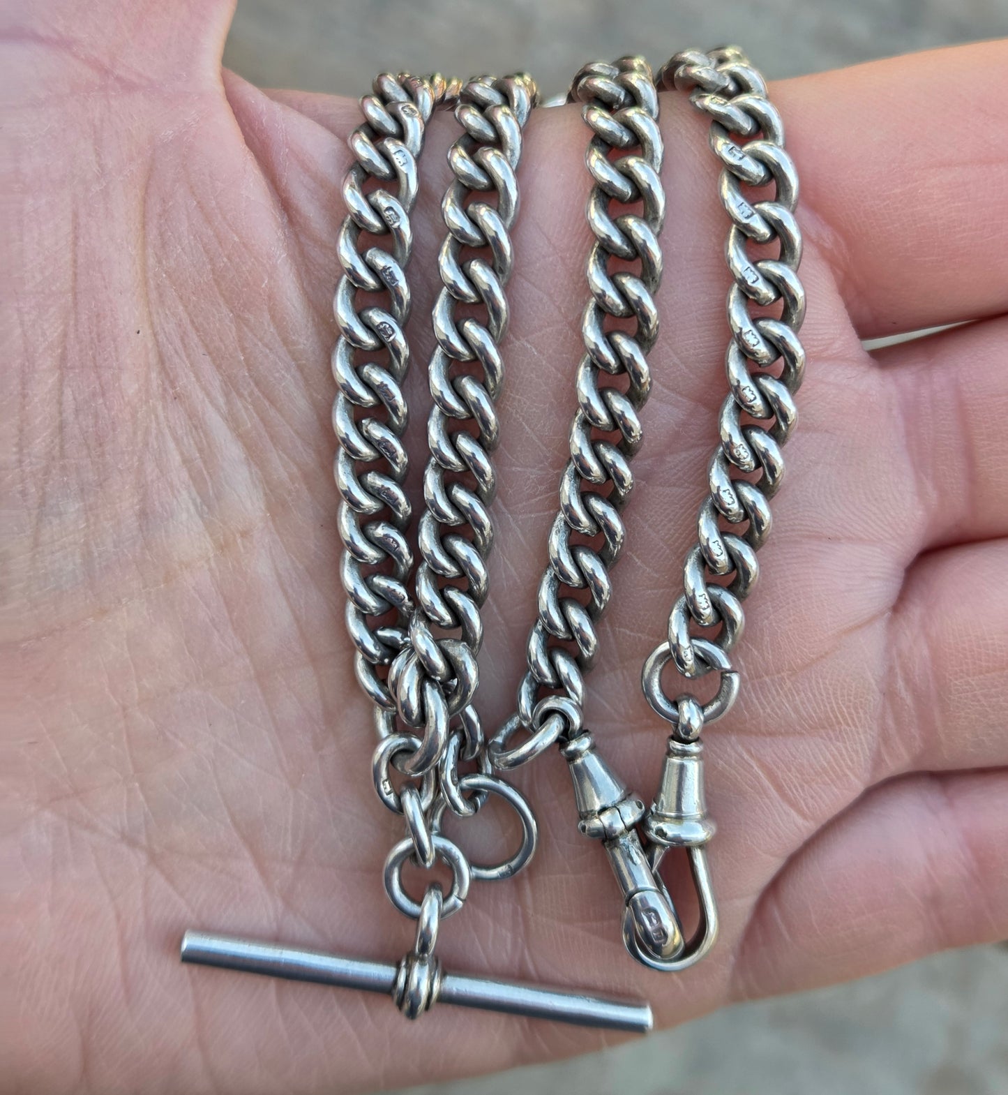 Antique 1914 Hallmarked Solid Sterling Silver Double Albert Curb Chain Necklace 14'' 38g