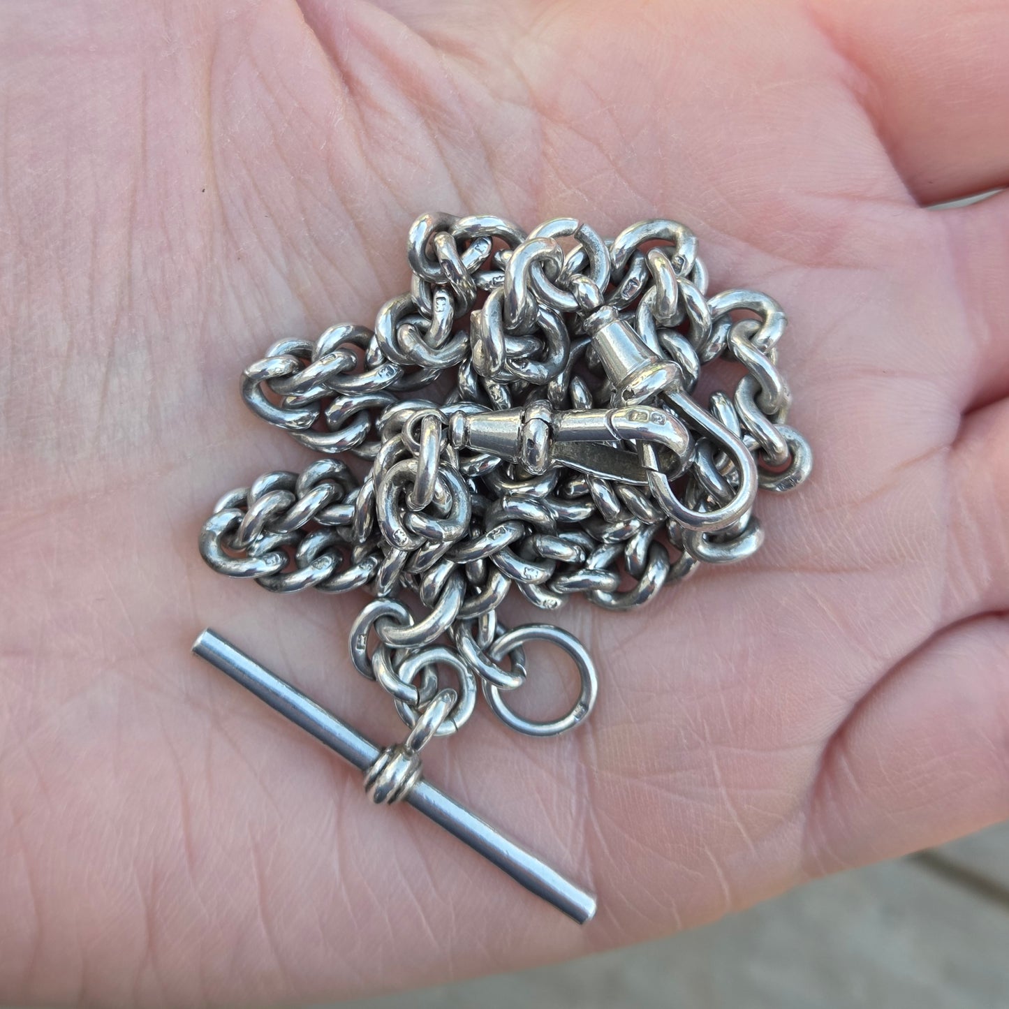 Antique 1914 Hallmarked Solid Sterling Silver Double Albert Curb Chain Necklace 14'' 38g