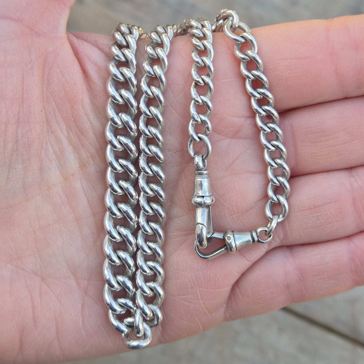 Antique 1899 Hallmarked Solid Sterling Silver Double Albert Curb Chain Necklace 14.5''