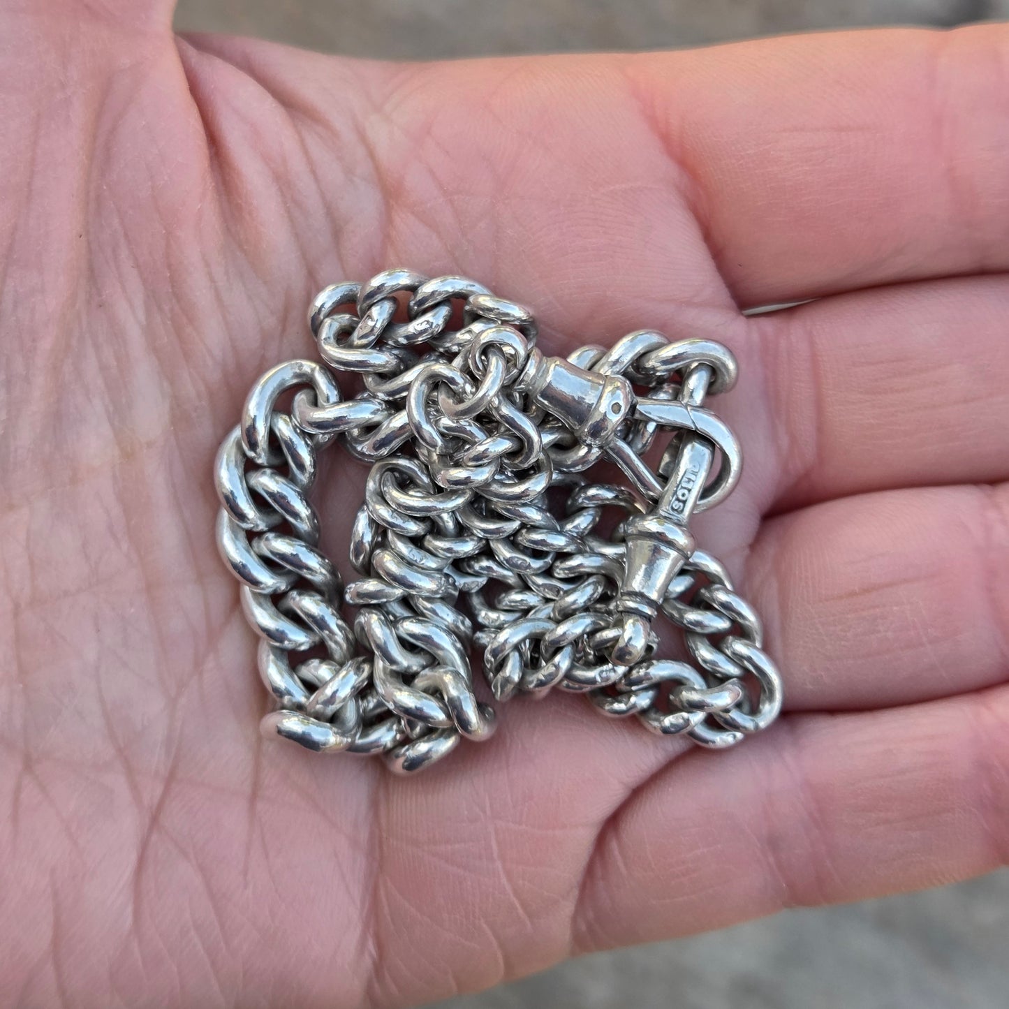 Antique 1899 Hallmarked Solid Sterling Silver Double Albert Curb Chain Necklace 14.5''