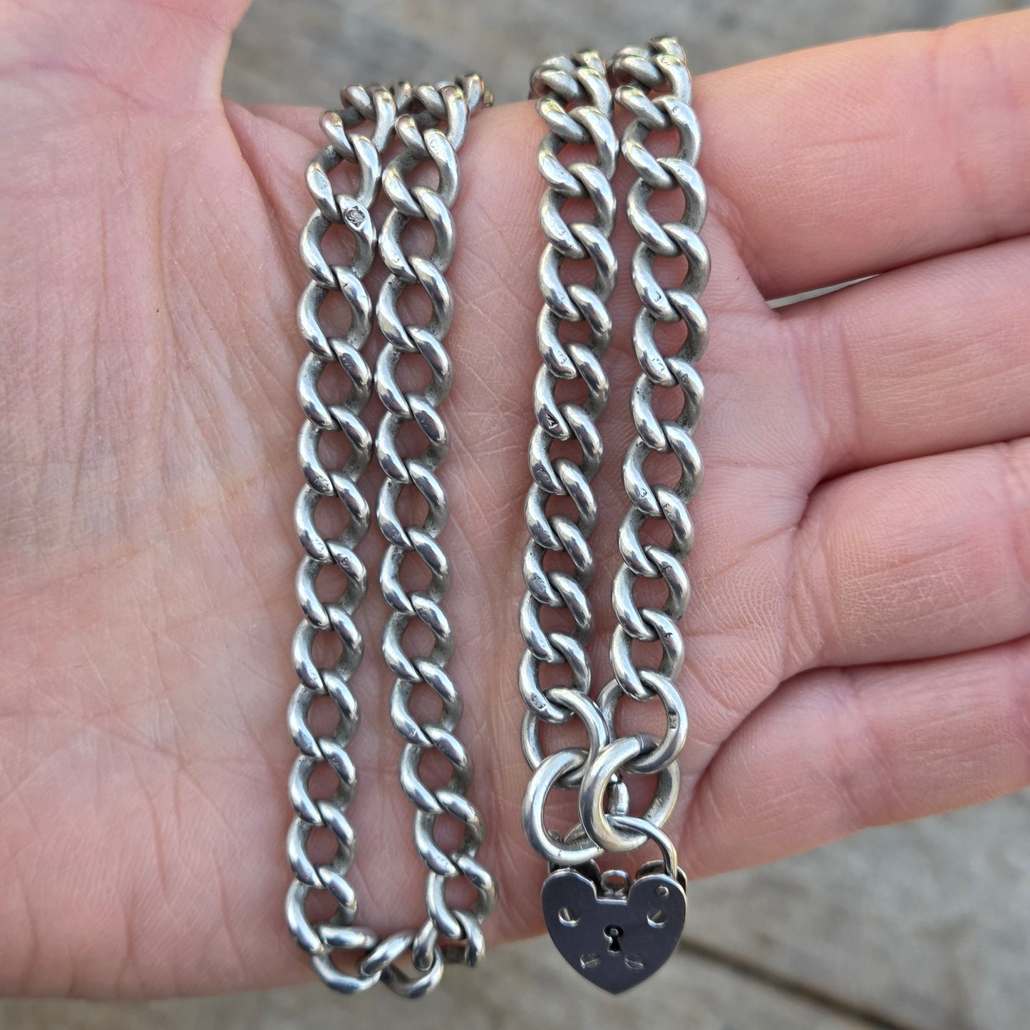 Antique Hallmarked Solid Sterling Silver Albert Curb Chain Necklace Heart Padlock 19'' 48g