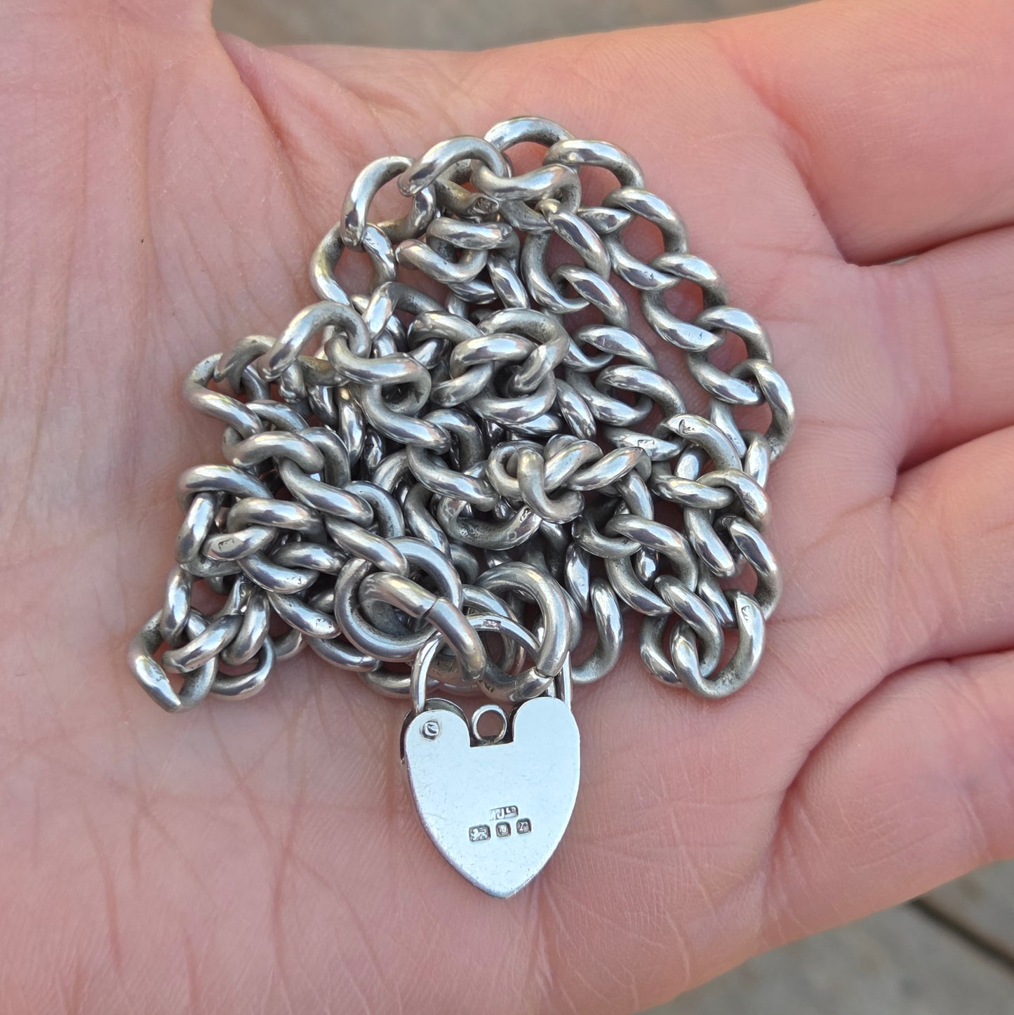 Antique Hallmarked Solid Sterling Silver Albert Curb Chain Necklace Heart Padlock 19'' 48g