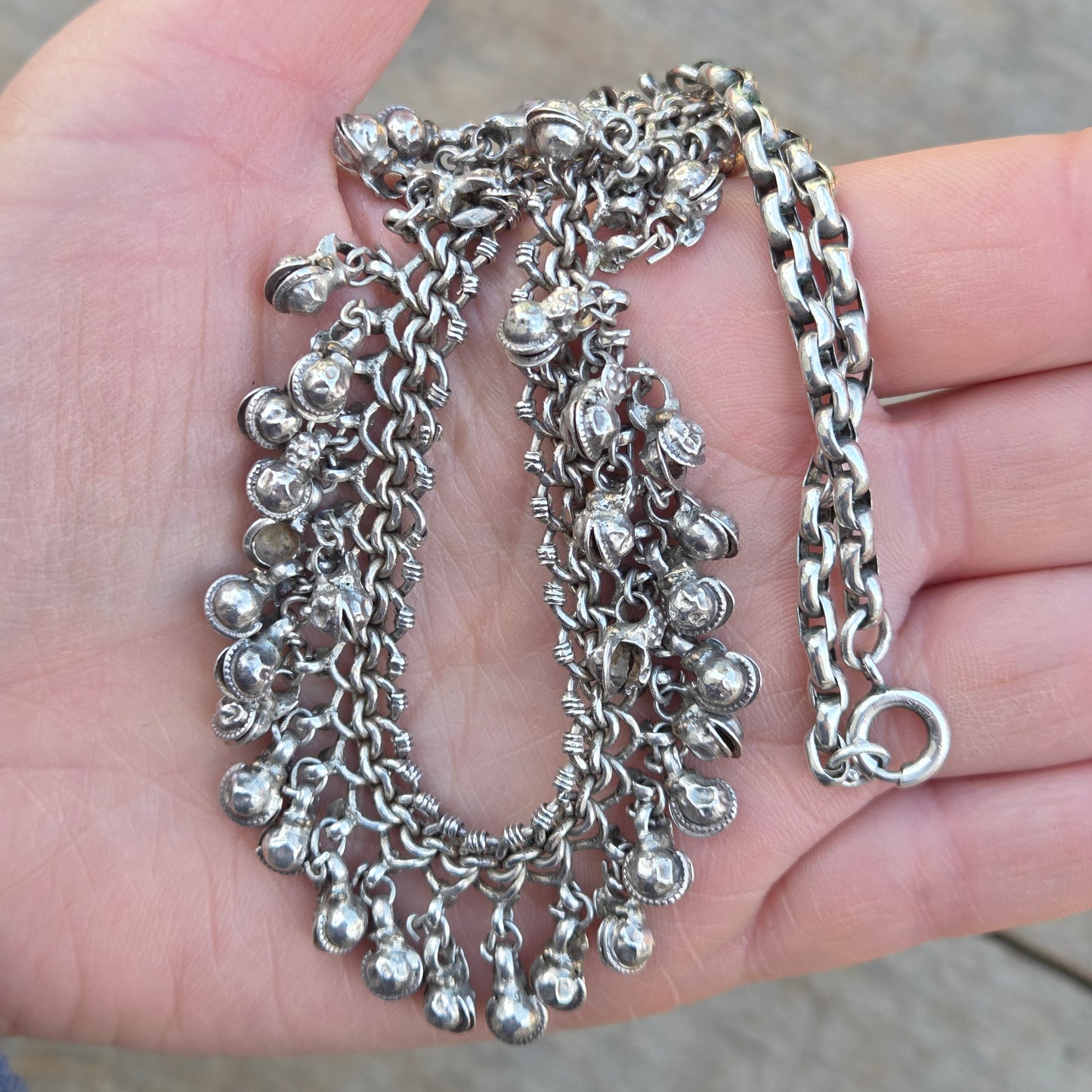 Antique Solid Silver Indian Asian Bell Wedding Curb Cable Chain Choker Necklace 13.3''