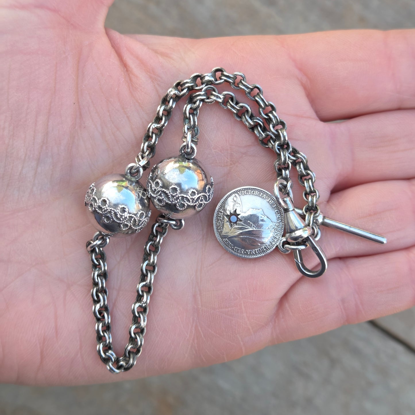 Antique Continental Solid Silver Albertina Fancy Link Sardonyx Coin Chain 11'' 17g