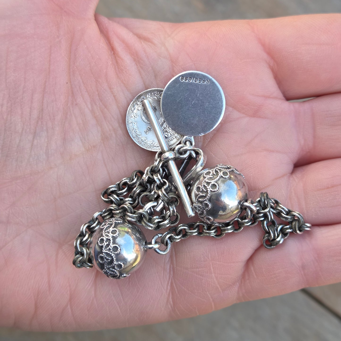 Antique Continental Solid Silver Albertina Fancy Link Sardonyx Coin Chain 11'' 17g