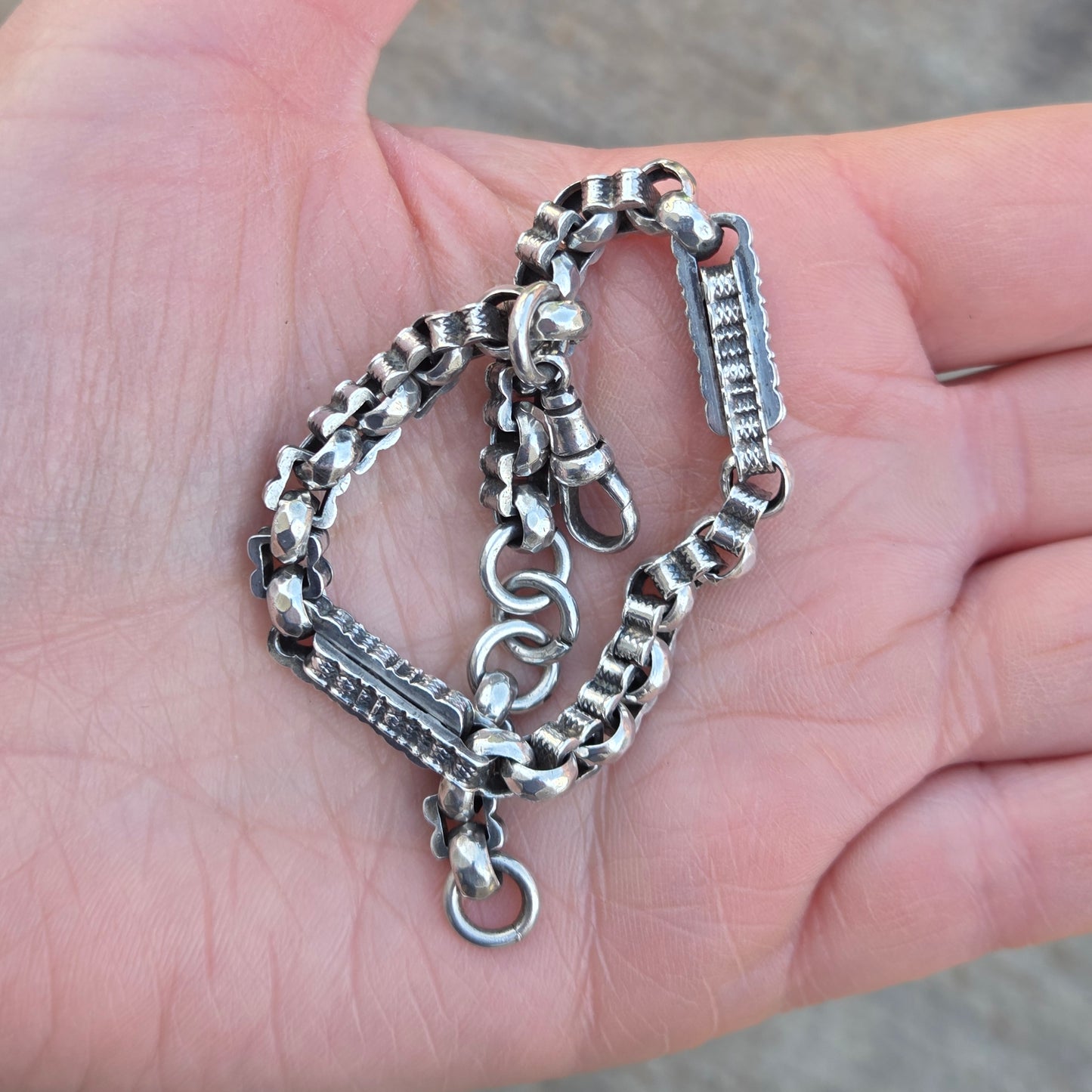 Antique Solid Sterling Silver Fancy Cable Trombone Link Chain Bracelet 8.75'' 17g