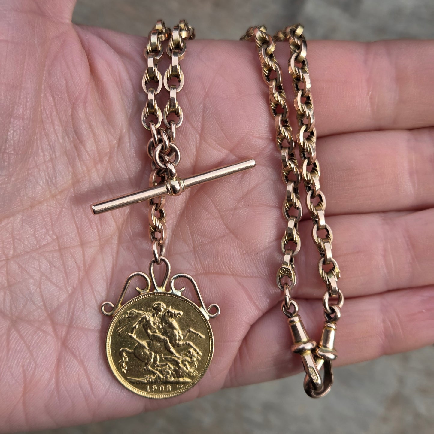 Antique Solid 9ct 9k Gold 22Ct Full Melbourne Sovereign Double Albert Lovers Knot Chain Necklace 14.25''