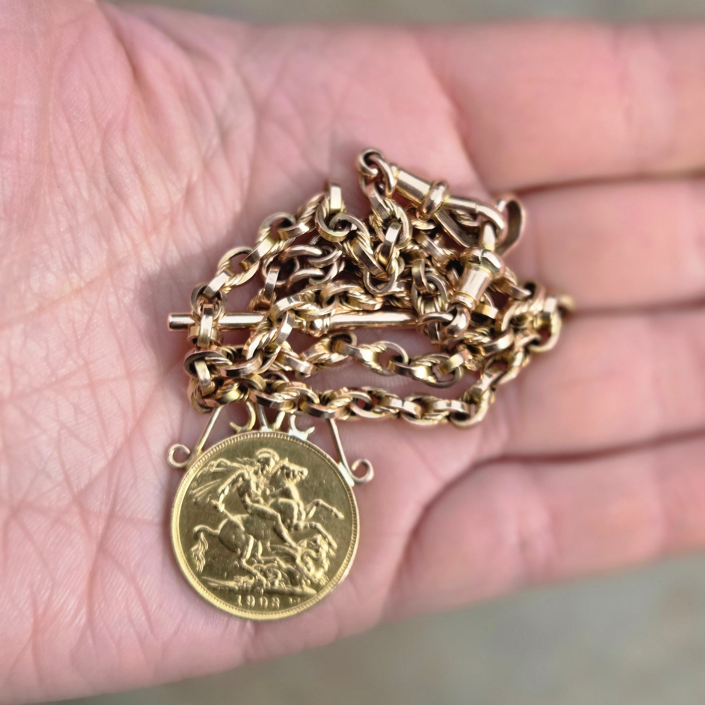 Antique Solid 9ct 9k Gold 22Ct Full Melbourne Sovereign Double Albert Lovers Knot Chain Necklace 14.25''