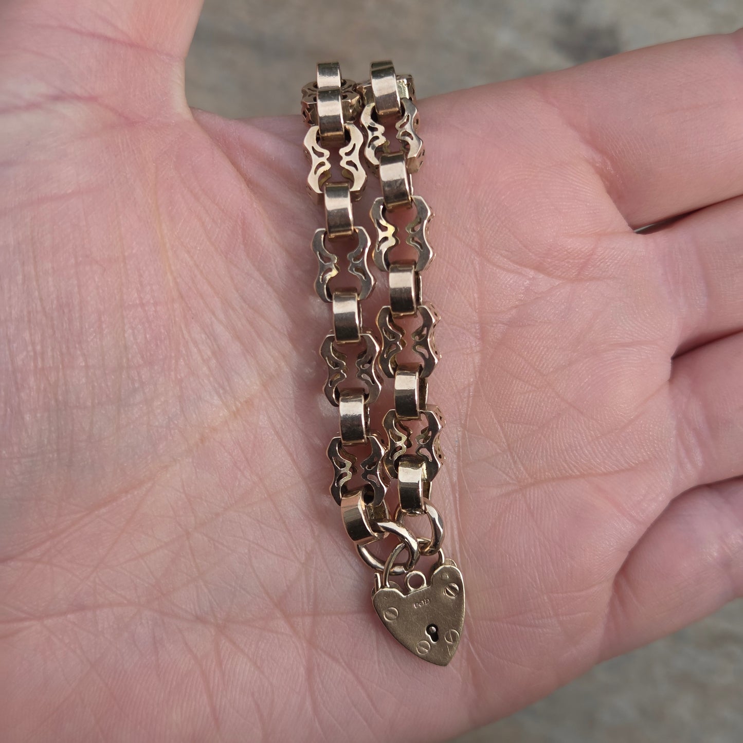 Antique Victorian Solid 9ct 9k Gold Fancy Belcher Chain Bracelet Extender Heart Padlock 7.75''