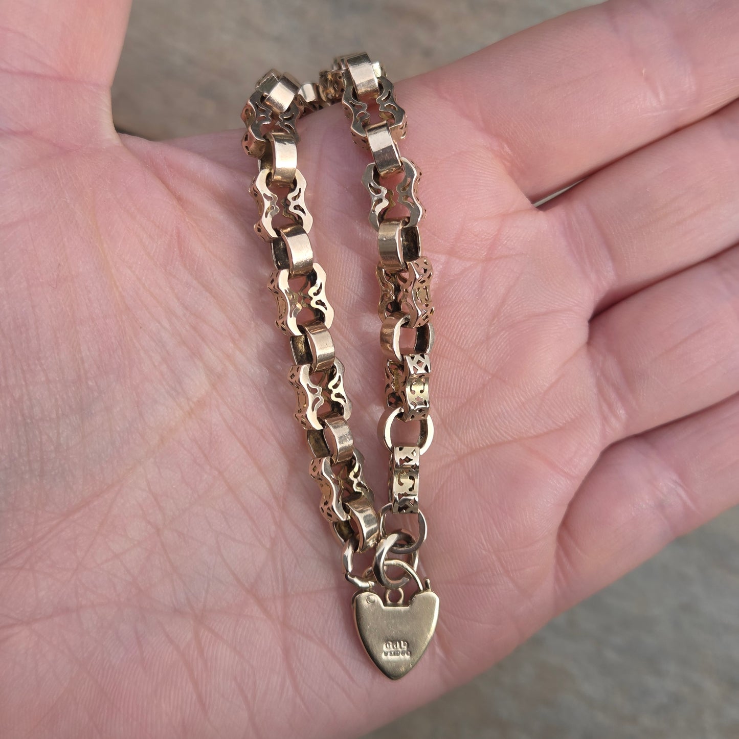 Antique Victorian Solid 9ct 9k Gold Fancy Belcher Chain Bracelet Extender Heart Padlock 7.75''