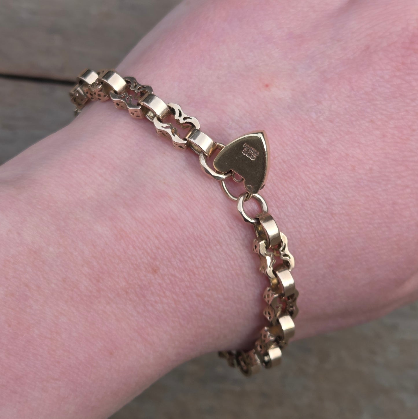 Antique Victorian Solid 9ct 9k Gold Fancy Belcher Chain Bracelet Extender Heart Padlock 7.75''