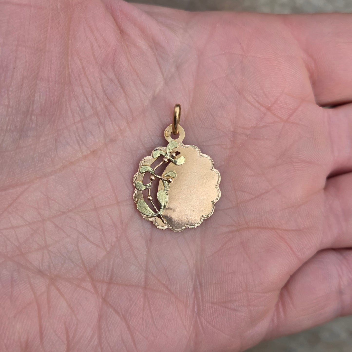 Antique French Hallmarked Solid 18ct 18k Gold Green Mistletoe Medallion Coin Pendant