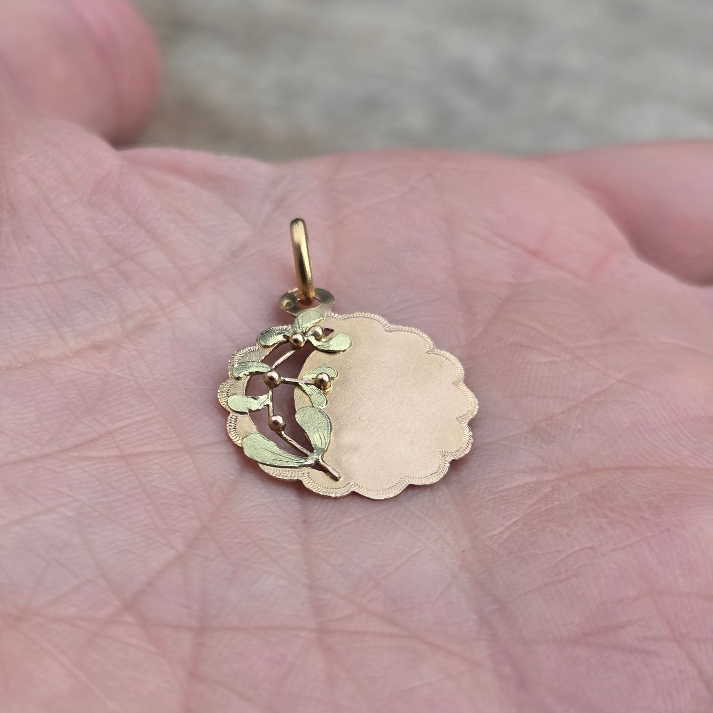 Antique French Hallmarked Solid 18ct 18k Gold Green Mistletoe Medallion Coin Pendant