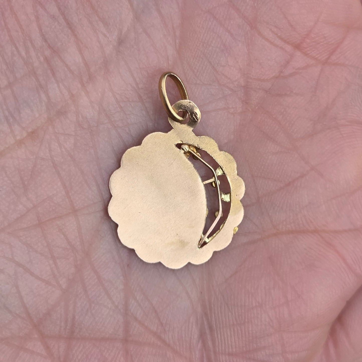 Antique French Hallmarked Solid 18ct 18k Gold Green Mistletoe Medallion Coin Pendant