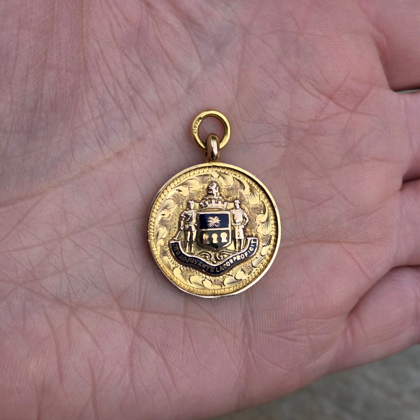 Antique 1853 English Hallmarked Solid 9ct 9k Gold 18ct Gilded Blue Enamel Watch Fob Medallion Pendant