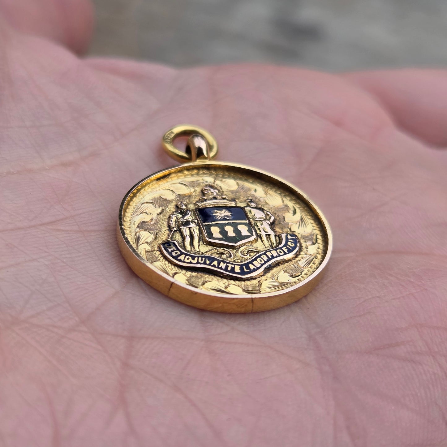 Antique 1853 English Hallmarked Solid 9ct 9k Gold 18ct Gilded Blue Enamel Watch Fob Medallion Pendant