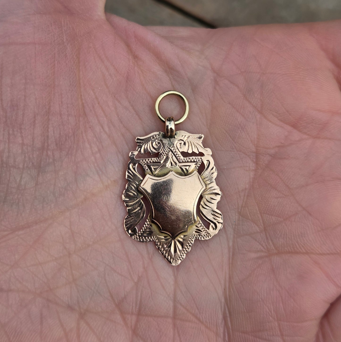 Antique 1907 English Hallmarked Solid 9ct 9k Rose Gold Shield Watch Fob Medallion Pendant