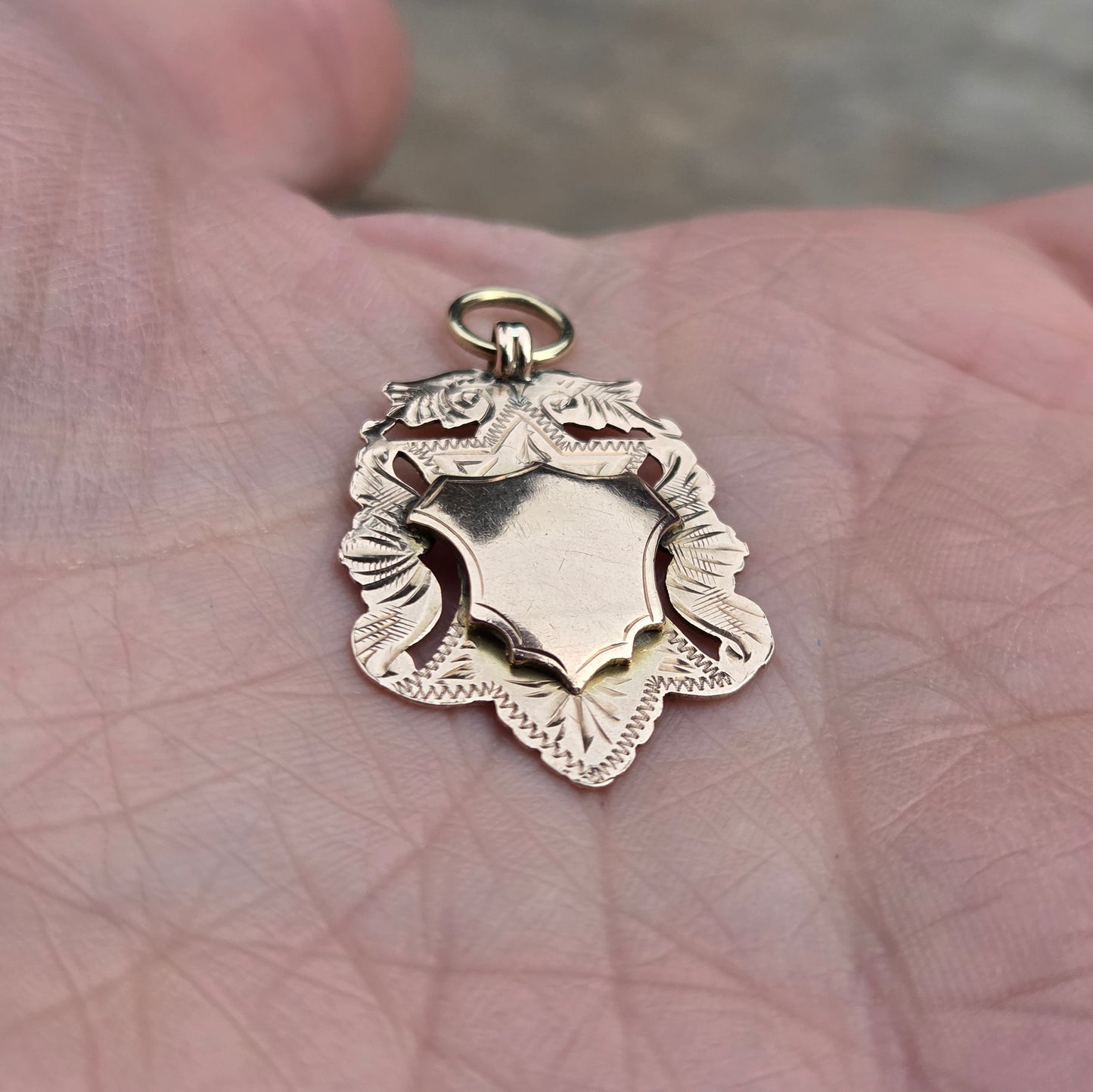 Antique 1907 English Hallmarked Solid 9ct 9k Rose Gold Shield Watch Fob Medallion Pendant