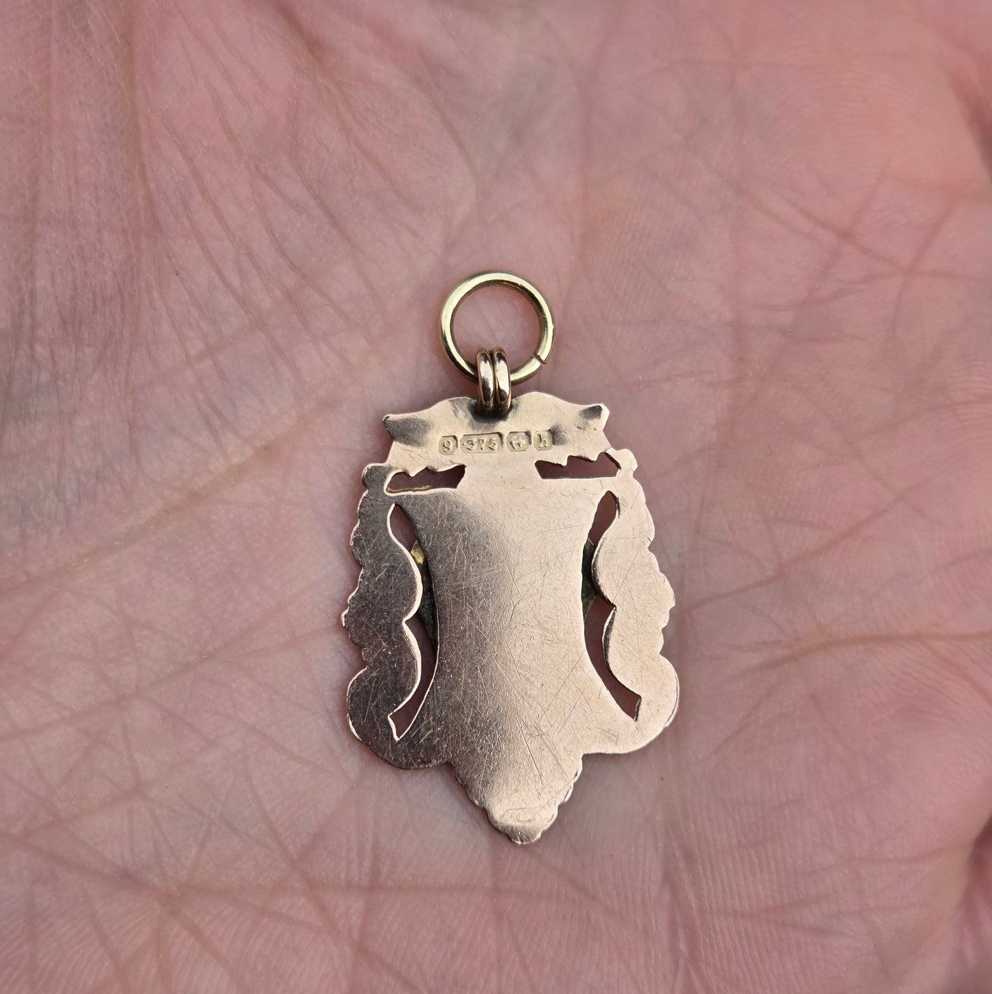 Antique 1907 English Hallmarked Solid 9ct 9k Rose Gold Shield Watch Fob Medallion Pendant