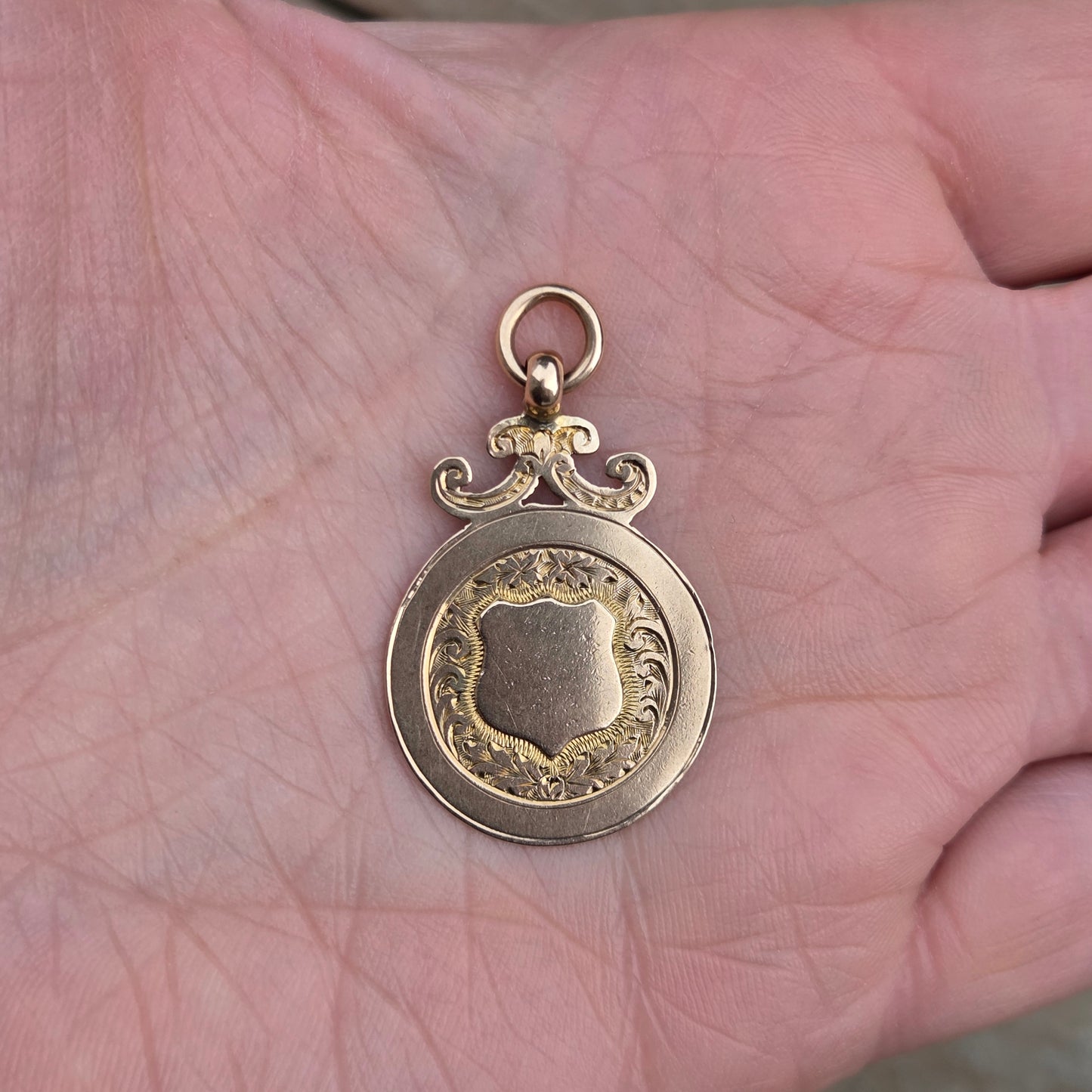Antique 1919 English Hallmarked Solid 9ct 9k Gold Shield Watch Fob Medallion Pendant
