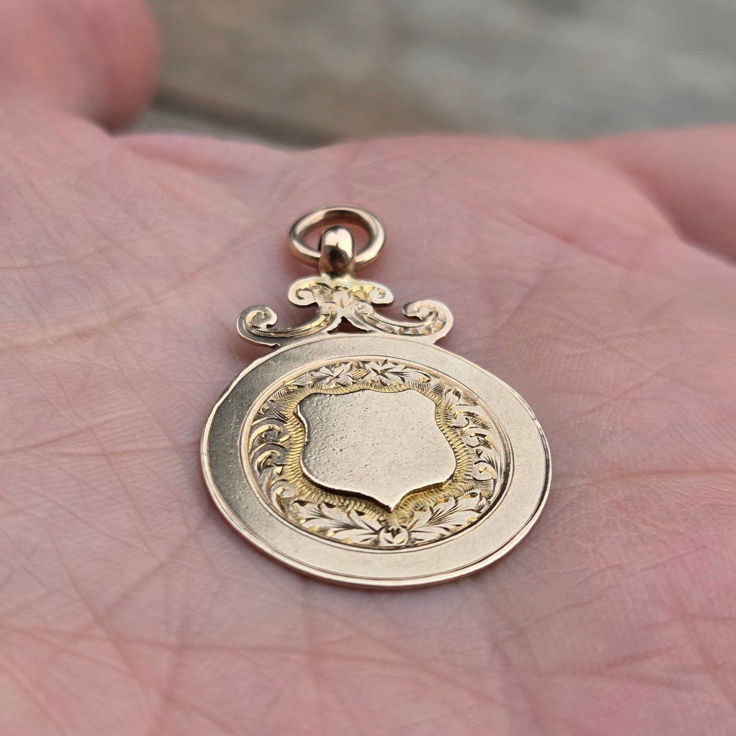 Antique 1919 English Hallmarked Solid 9ct 9k Gold Shield Watch Fob Medallion Pendant