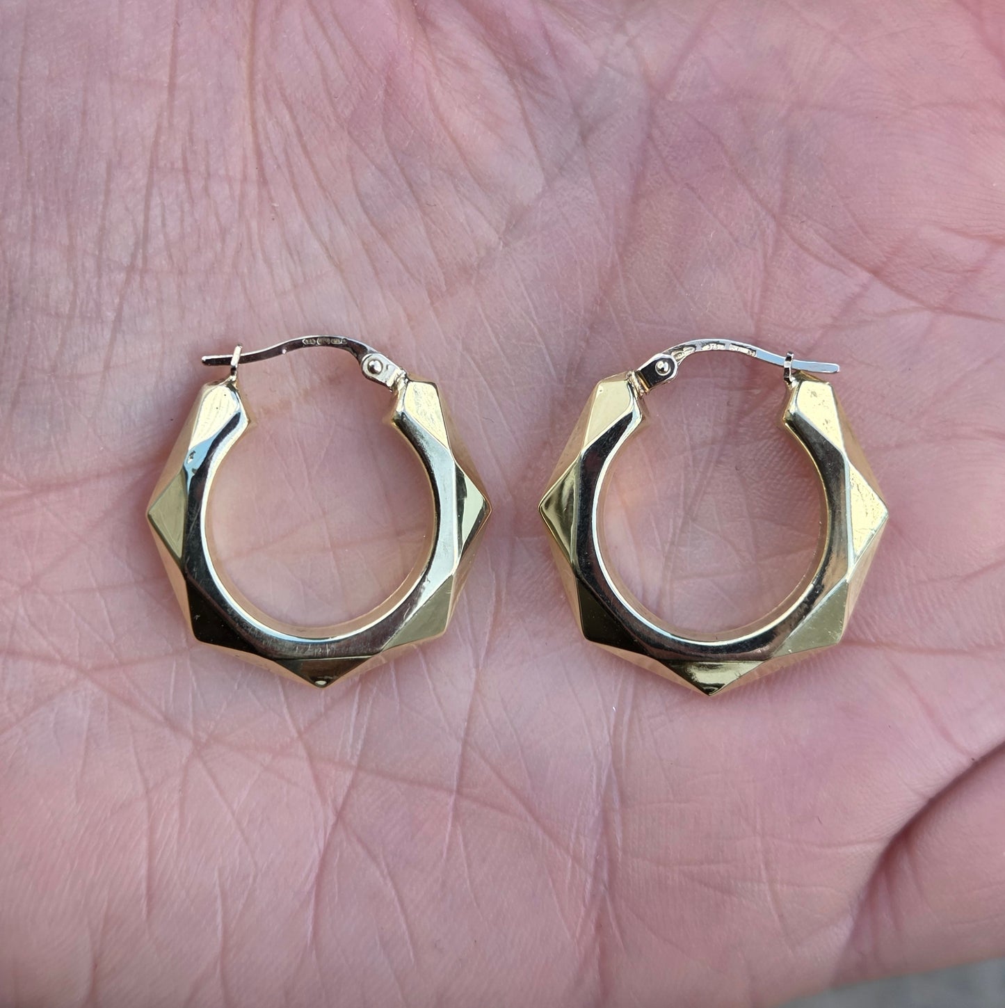 Vintage UnoAErre Hallmarked Solid 9ct 9k Gold Large Octagon Hoop Earrings Hoops 3.6g