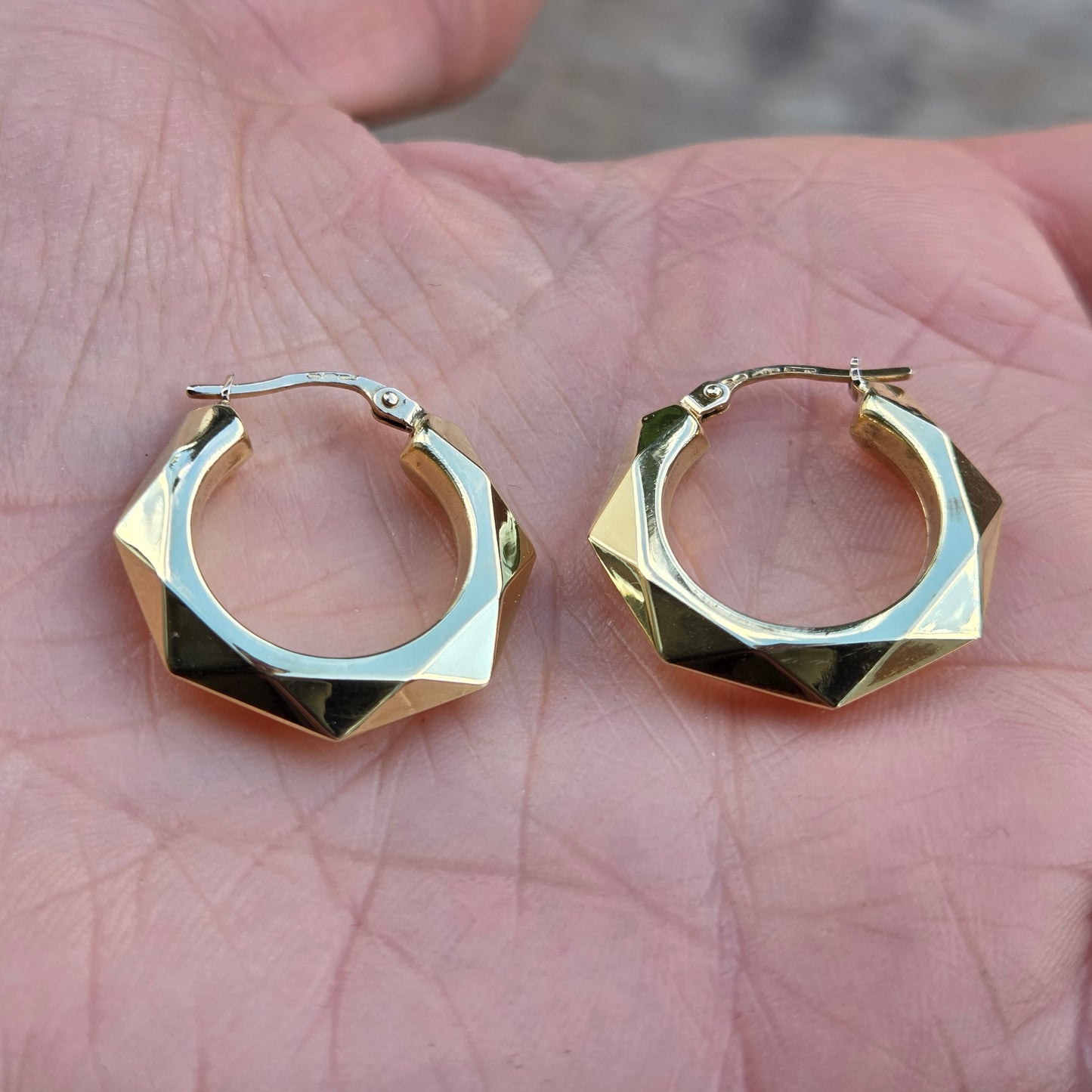 Vintage UnoAErre Hallmarked Solid 9ct 9k Gold Large Octagon Hoop Earrings Hoops 3.6g