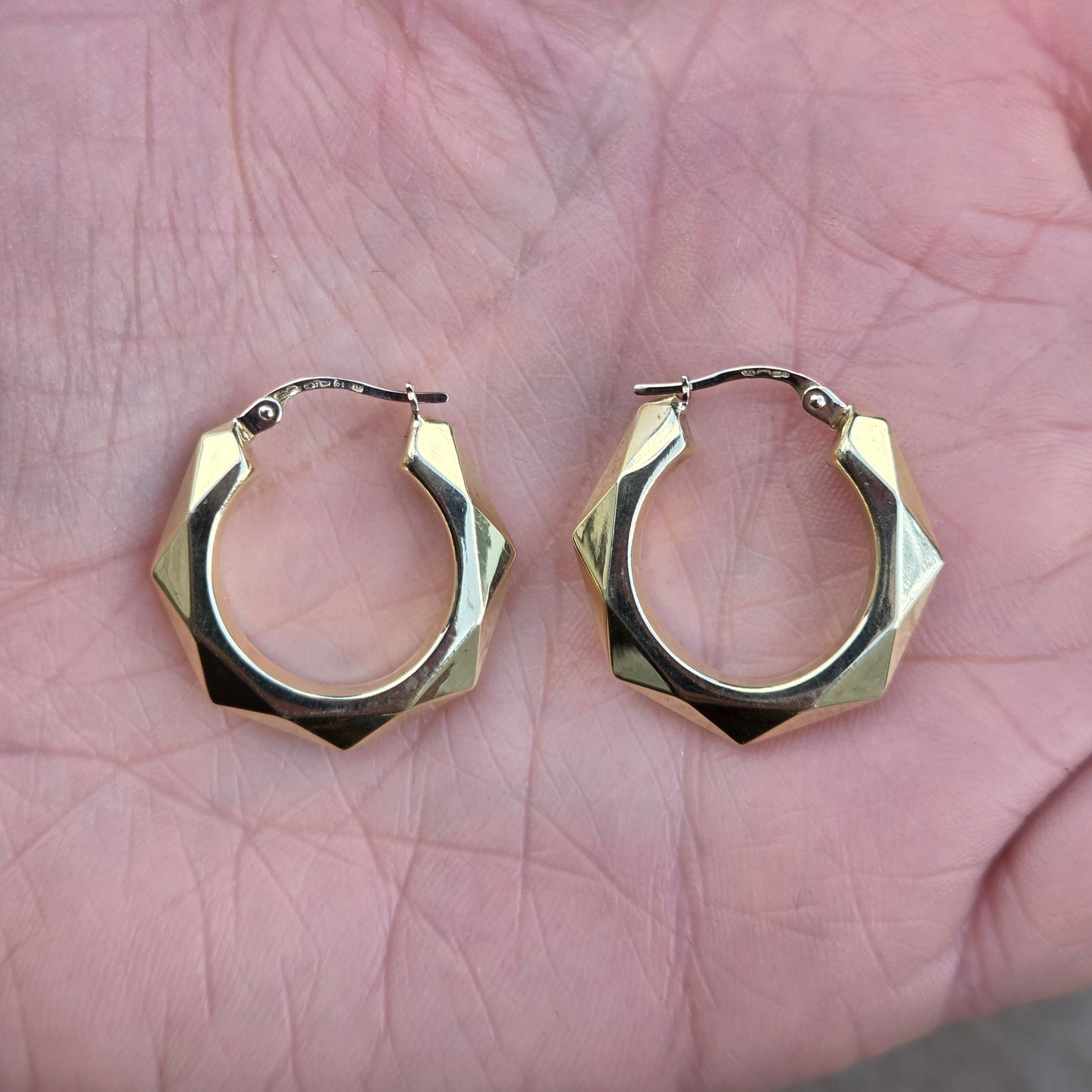 Vintage UnoAErre Hallmarked Solid 9ct 9k Gold Large Octagon Hoop Earrings Hoops 3.6g