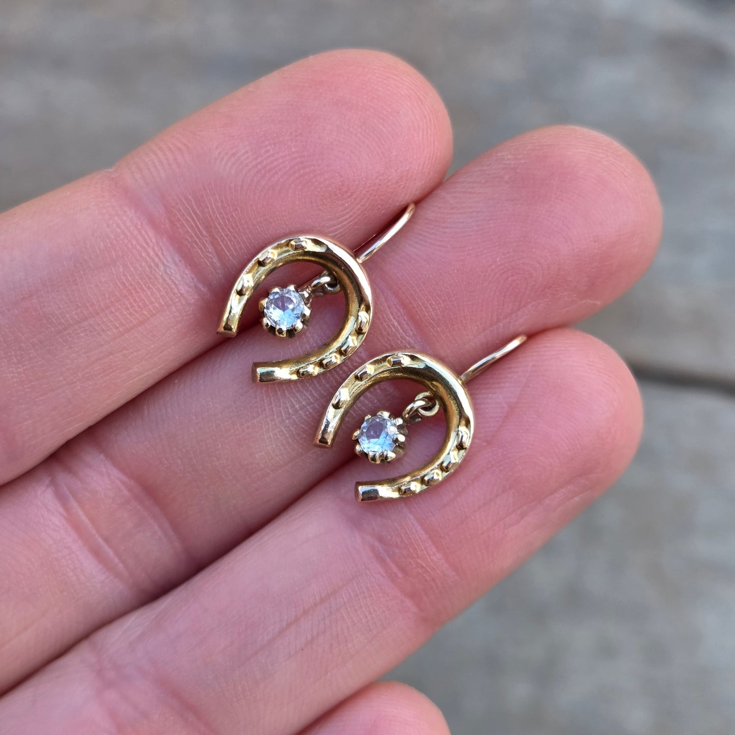 Vintage Solid 9ct 9k Gold Horse Shoe Glass Crystal Hook Earrings