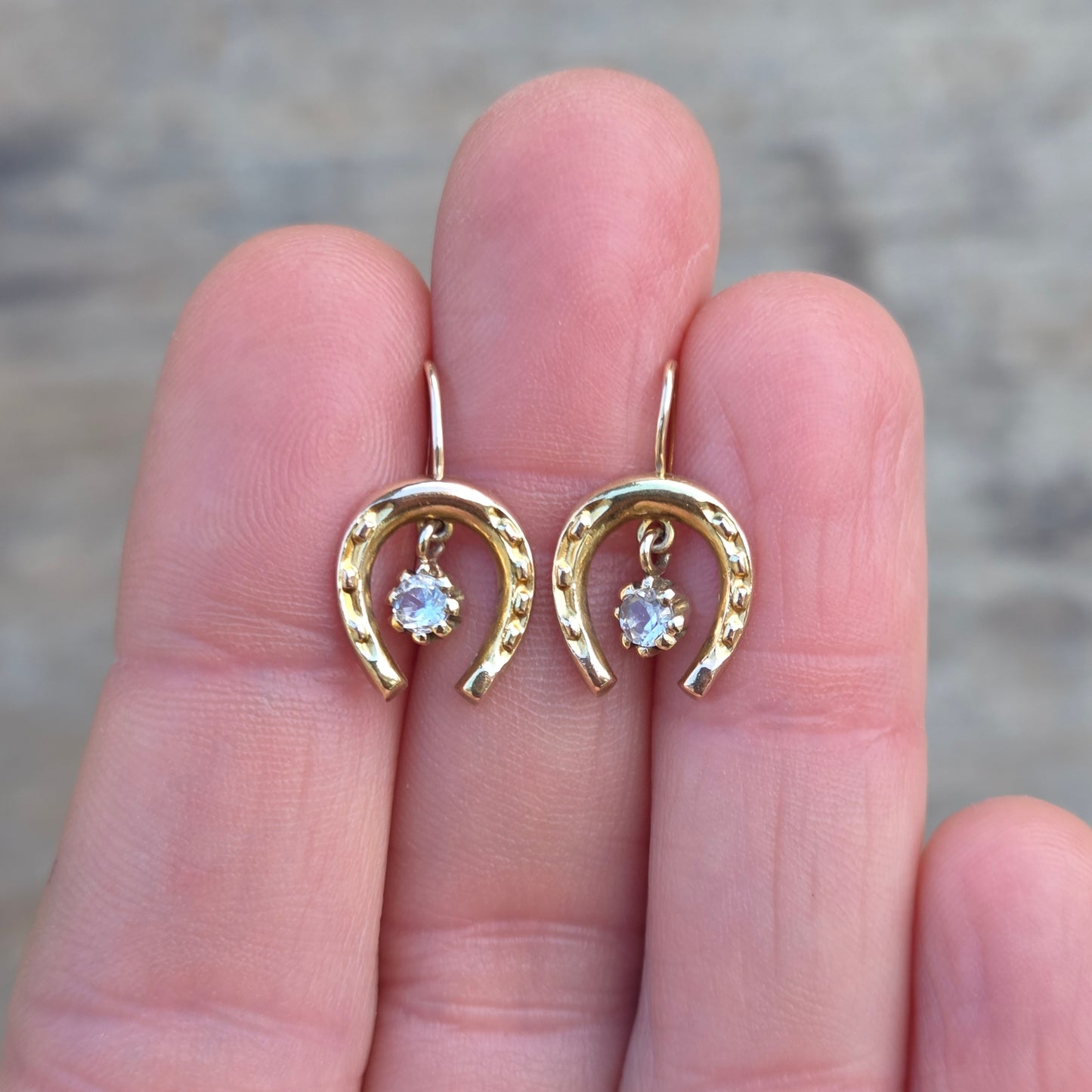 Vintage Solid 9ct 9k Gold Horse Shoe Glass Crystal Hook Earrings