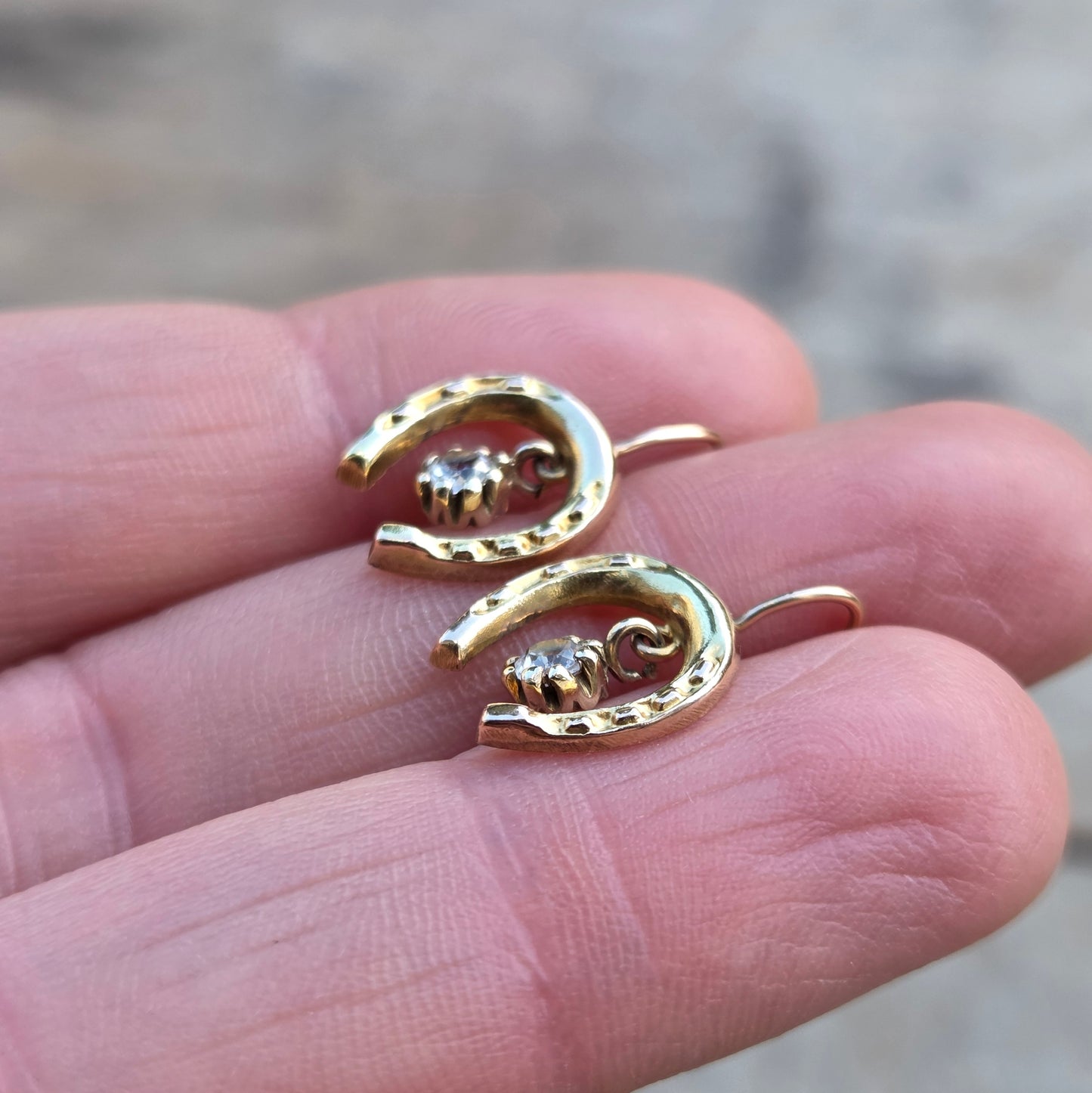 Vintage Solid 9ct 9k Gold Horse Shoe Glass Crystal Hook Earrings