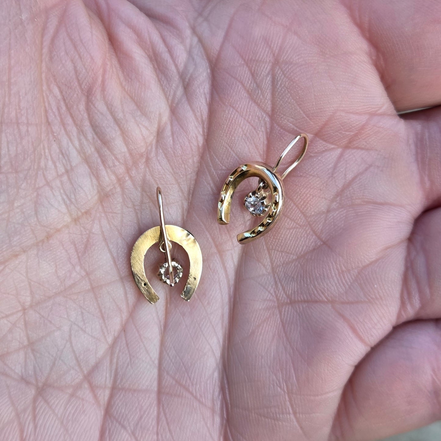 Vintage Solid 9ct 9k Gold Horse Shoe Glass Crystal Hook Earrings