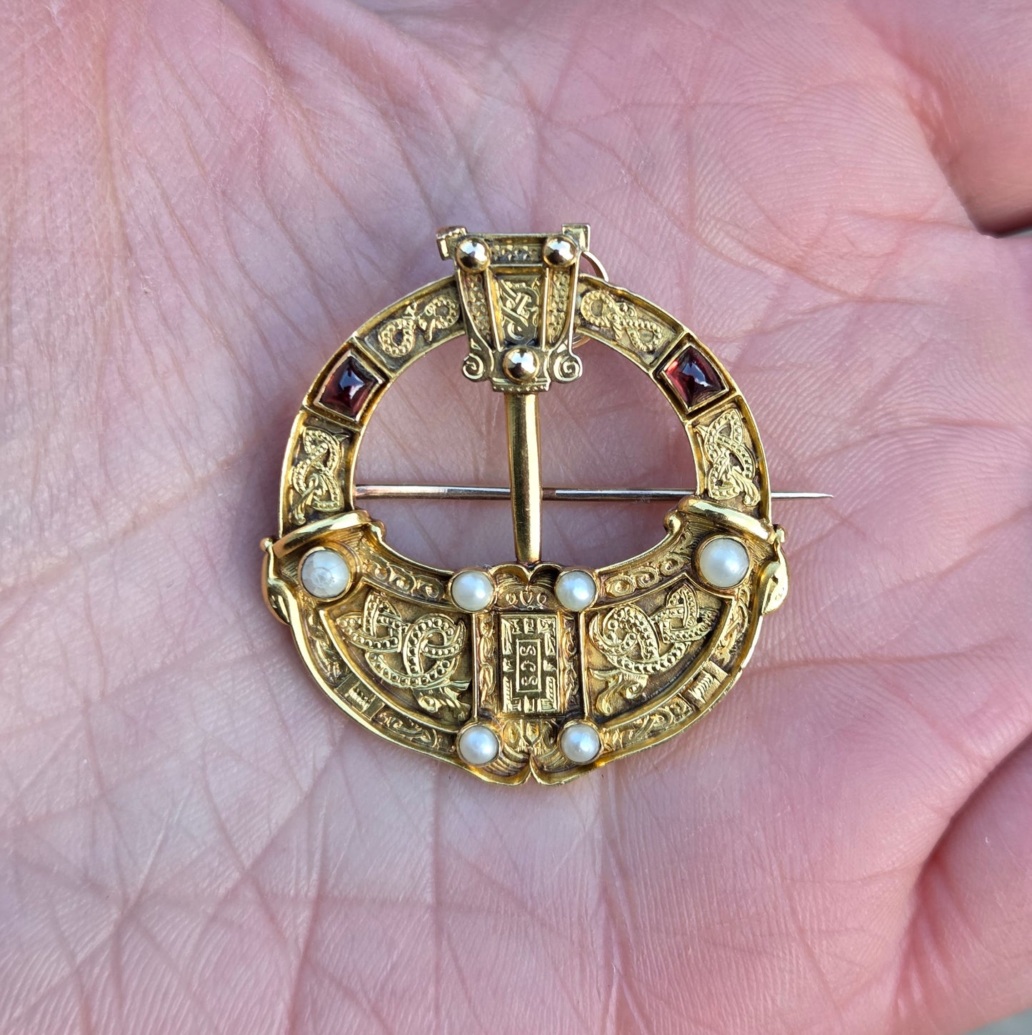 Antique Victorian Solid 22ct 22k Gold Garnet Seed Pearl Celtic Irish Tara Brooch Pendant