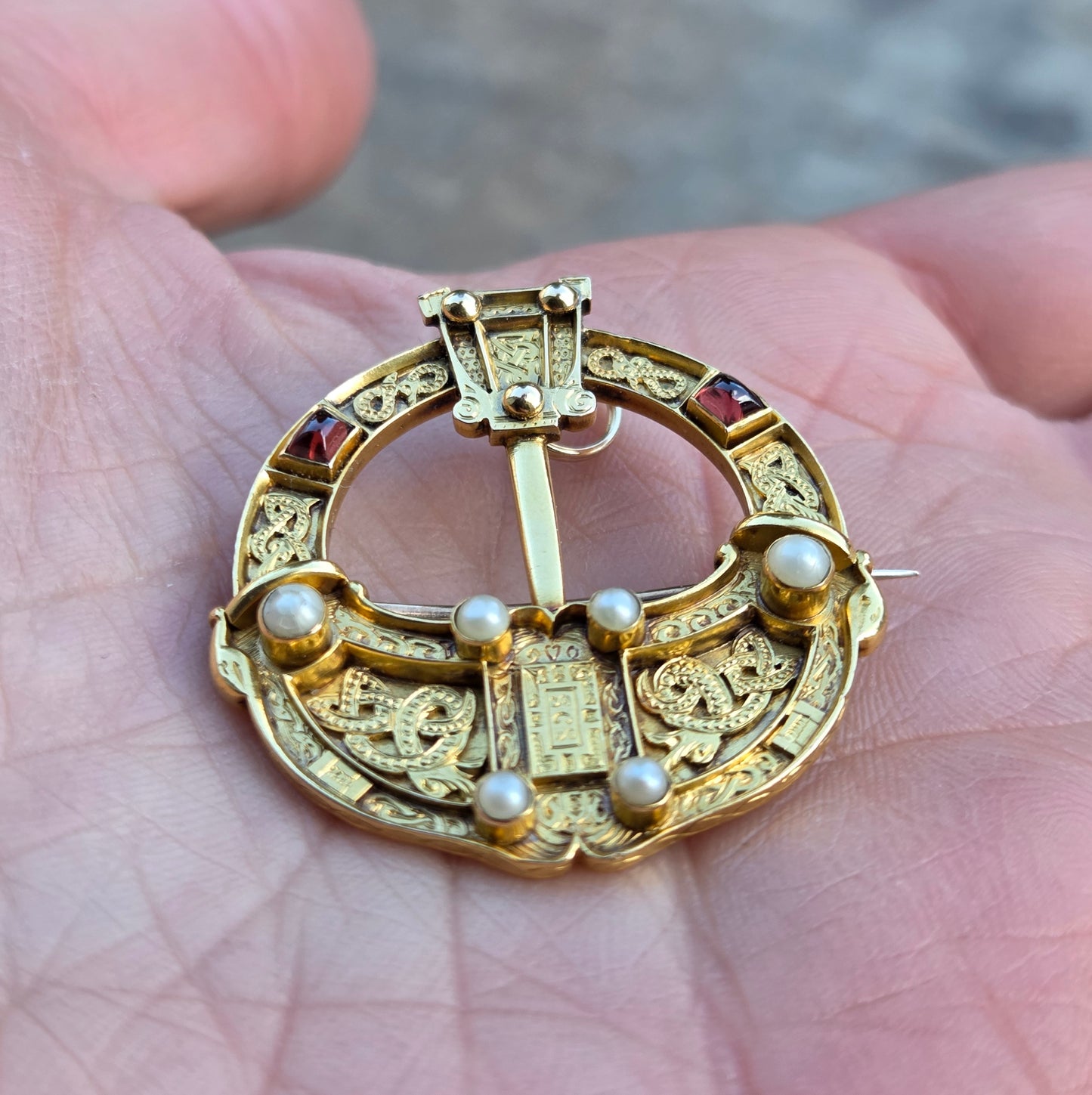 Antique Victorian Solid 22ct 22k Gold Garnet Seed Pearl Celtic Irish Tara Brooch Pendant