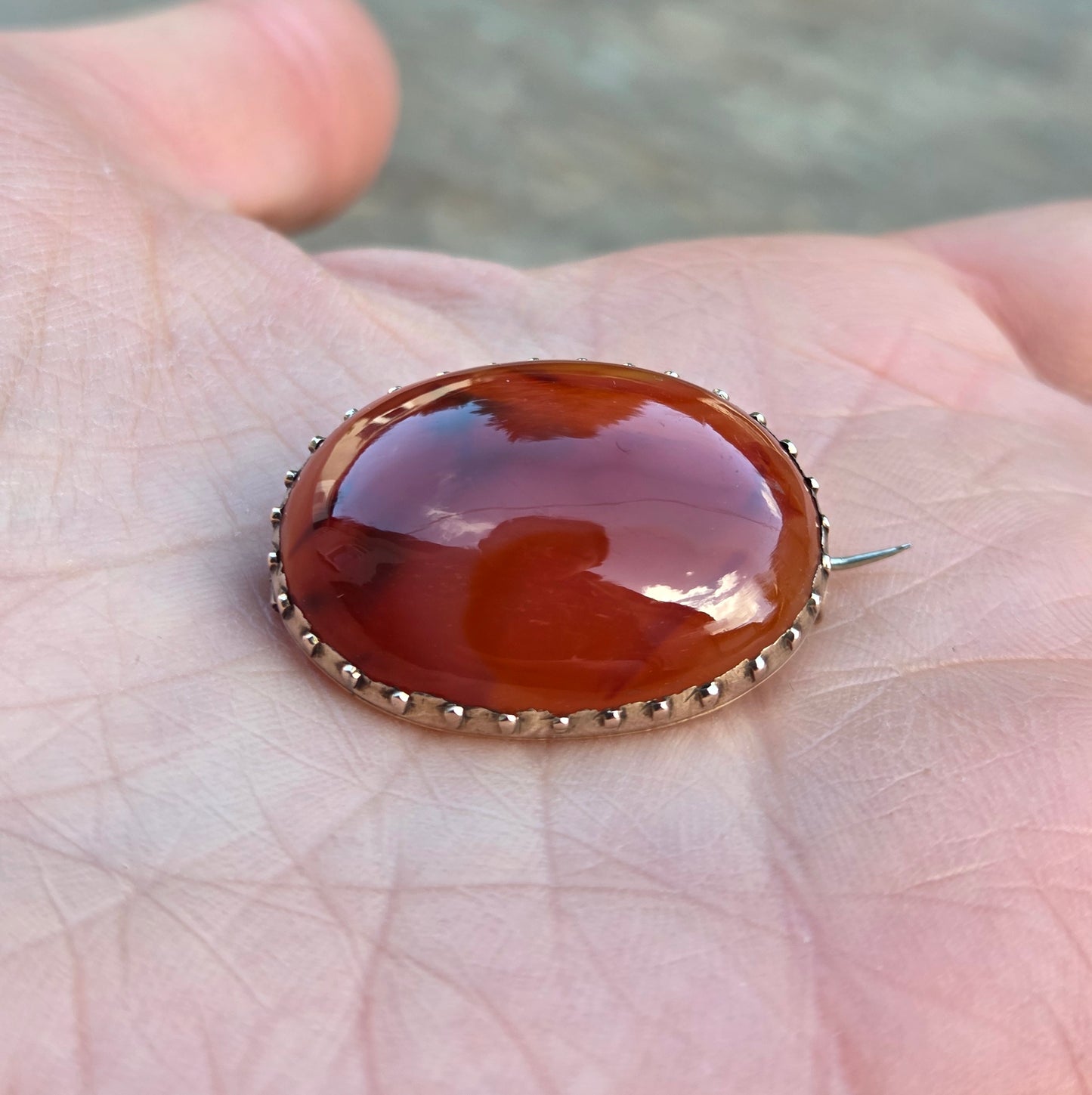 Antique Victorian Solid 9ct 9k Gold Carnelian Cabochon Brooch Pin