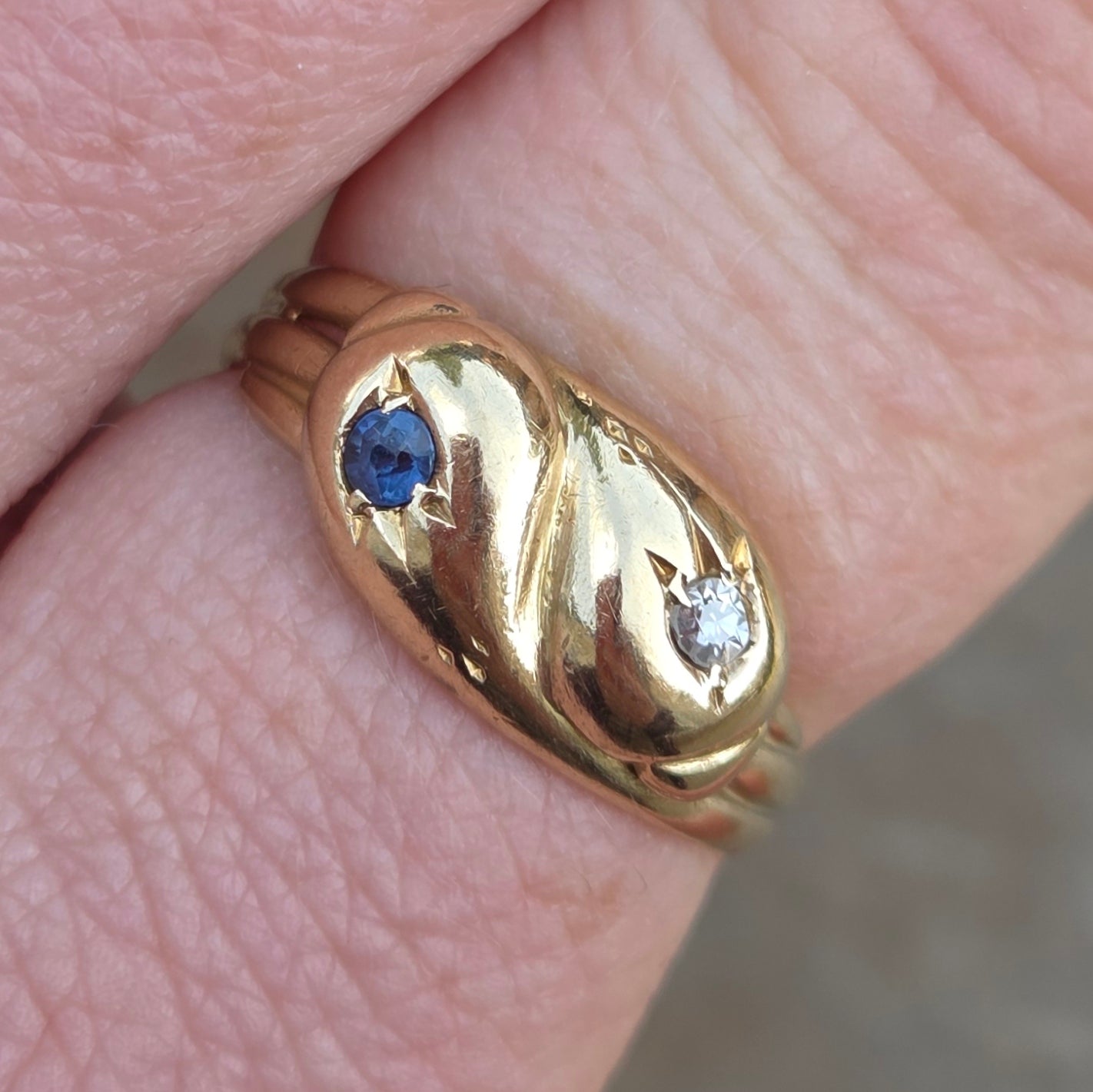 Antique 1915 Chester Hallmarked Solid 18ct 18k Gold Diamond Sapphire Snake Ring Size O