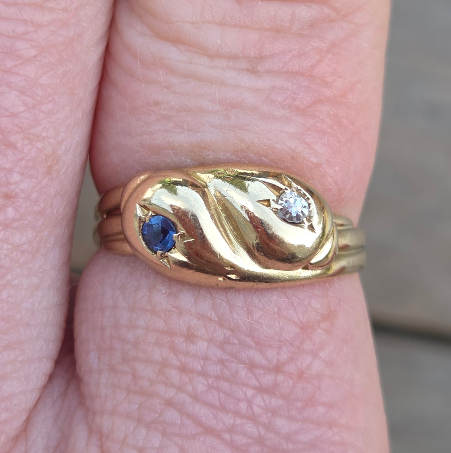 Antique 1915 Chester Hallmarked Solid 18ct 18k Gold Diamond Sapphire Snake Ring Size O
