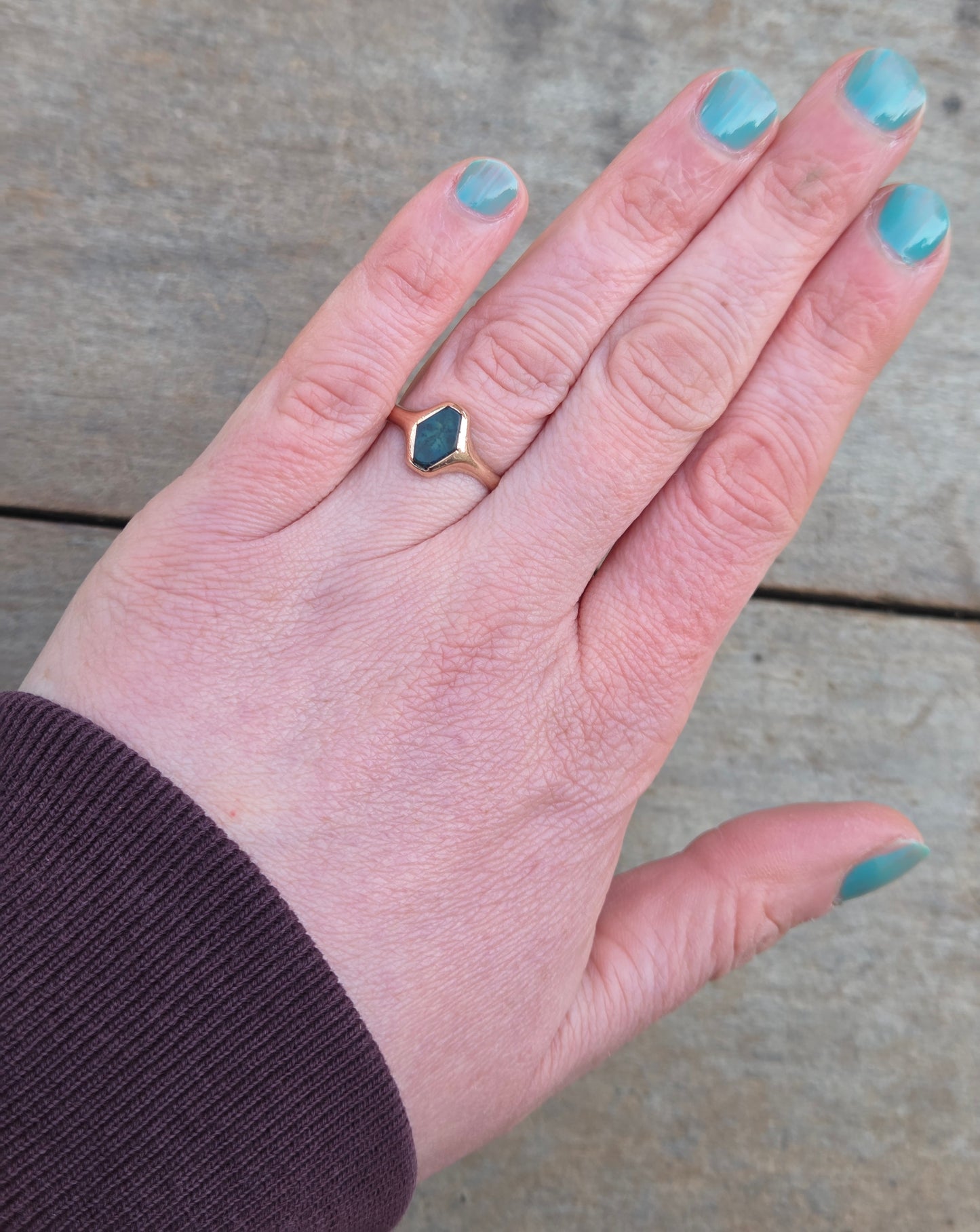 Antique Hallmarked Solid 9ct 9k Rose Gold Green Hardstone Signet Ring Size N
