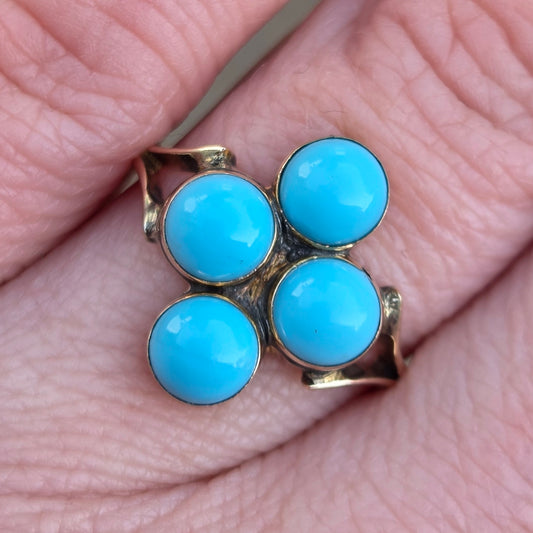Antique English Hallmarked Solid 9ct 9k Gold Turquoise Four Stone Ring Size M 1/2