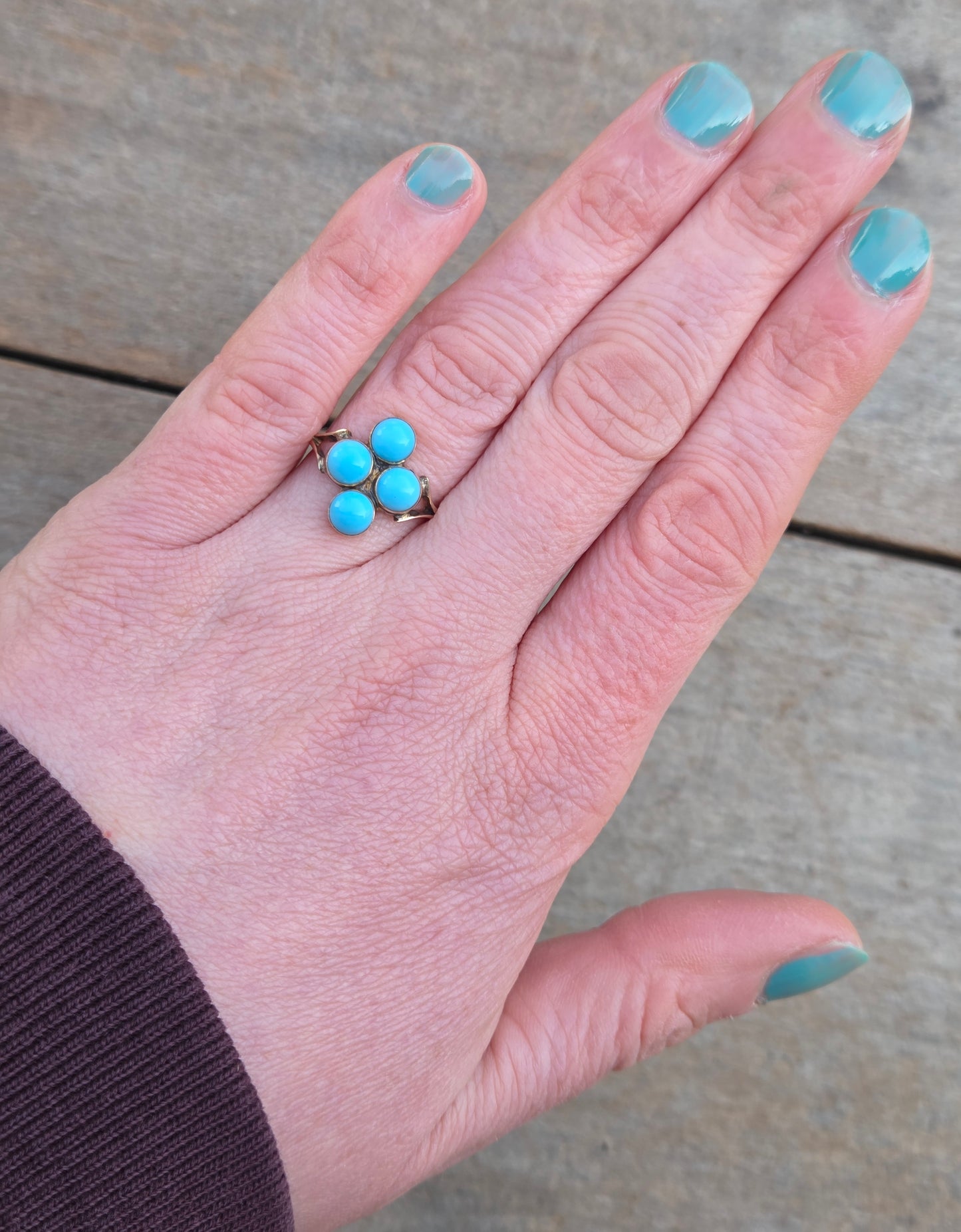 Antique English Hallmarked Solid 9ct 9k Gold Turquoise Four Stone Ring Size M 1/2