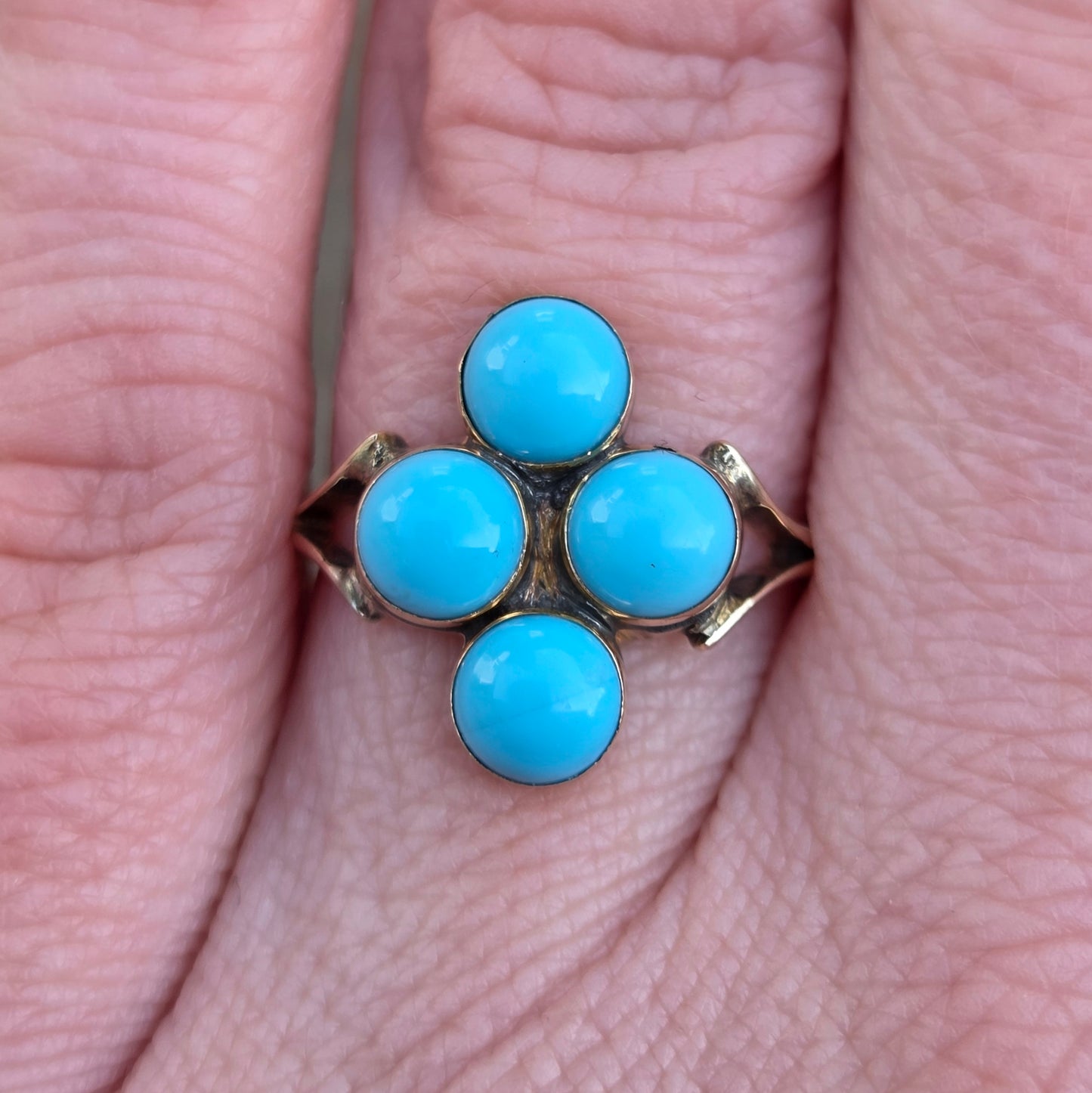 Antique English Hallmarked Solid 9ct 9k Gold Turquoise Four Stone Ring Size M 1/2