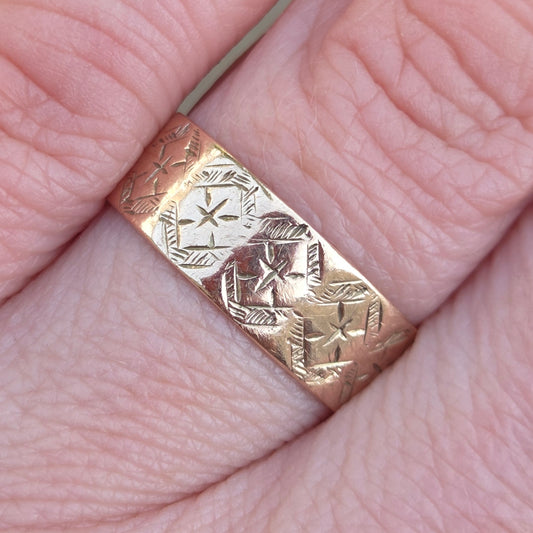 Antique Victorian 1891 Chester HM Solid 9ct 9k Rose Gold Engraved Cigar Band Ring Size N