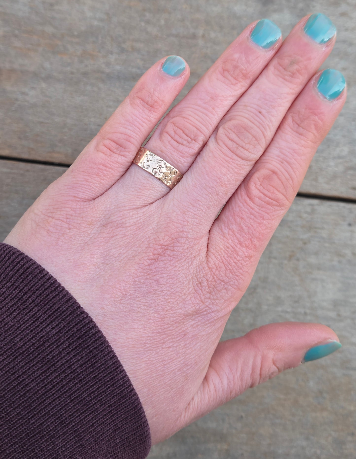 Antique Victorian 1891 Chester HM Solid 9ct 9k Rose Gold Engraved Cigar Band Ring Size N