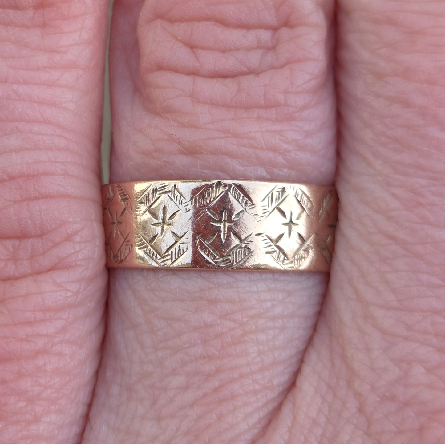 Antique Victorian 1891 Chester HM Solid 9ct 9k Rose Gold Engraved Cigar Band Ring Size N