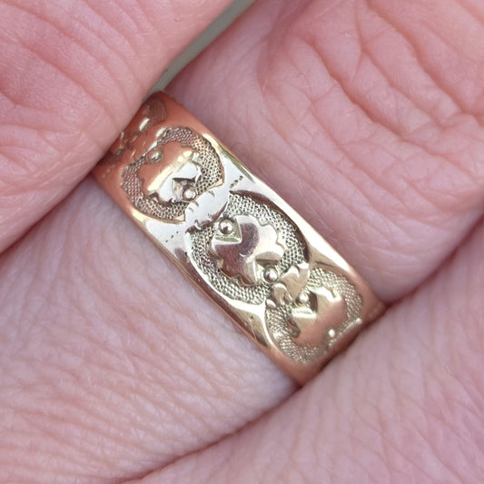 Antique Victorian Solid 9ct 9k Gold Patterned Engraved Cigar Band Ring Size L