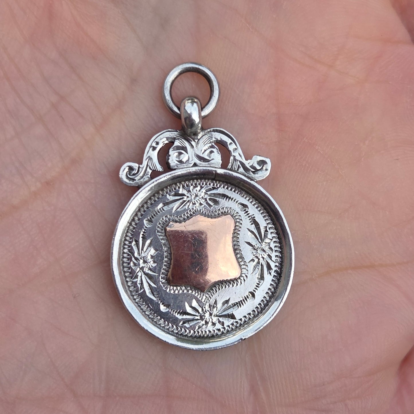 Antique 1931 Chester Hallmarked Solid Sterling Silver 9ct 9k Gold Watch Fob Medal Pendant