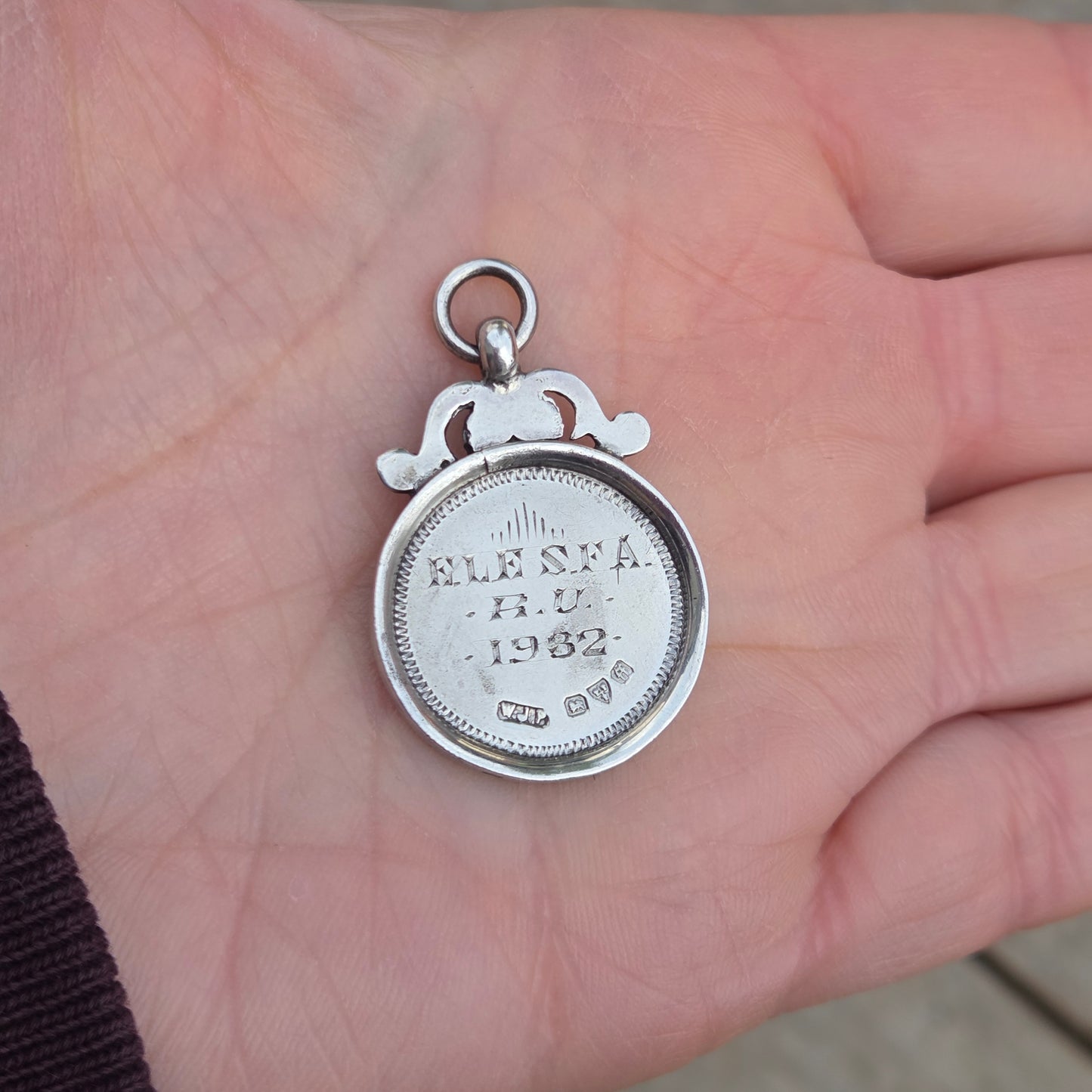 Antique 1931 Chester Hallmarked Solid Sterling Silver 9ct 9k Gold Watch Fob Medal Pendant